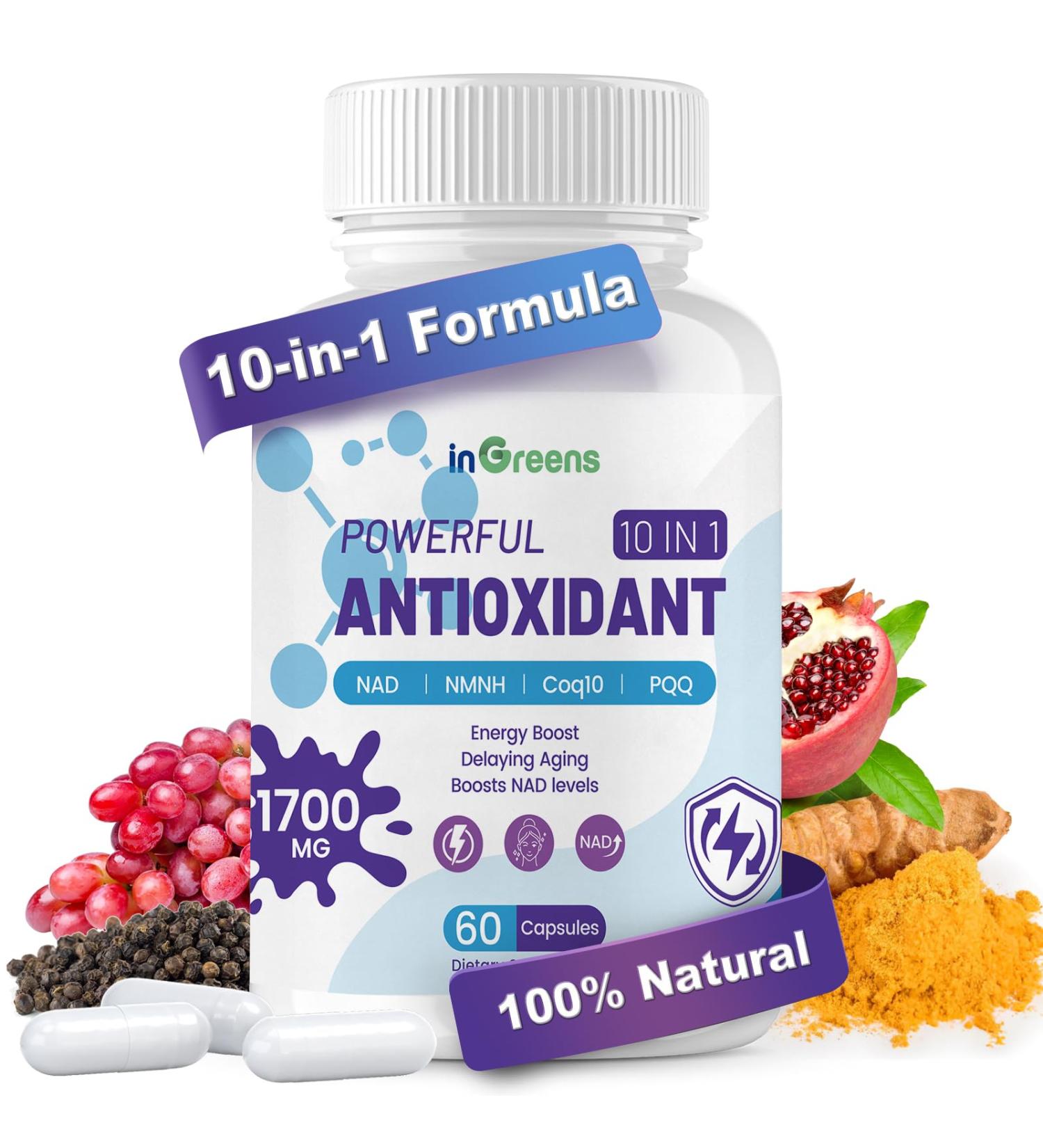 10-in-1 Antioxidants Supplement 1700MG Super Antioxidant for Women and Men Powerful Antioxidants with NAD NMNH Coq10 Resveratrol Cell Repair & Reducing Free Radical Damage 60 Capsules 60 Count (Pack of 1) - Buy Online on GoSupps.com