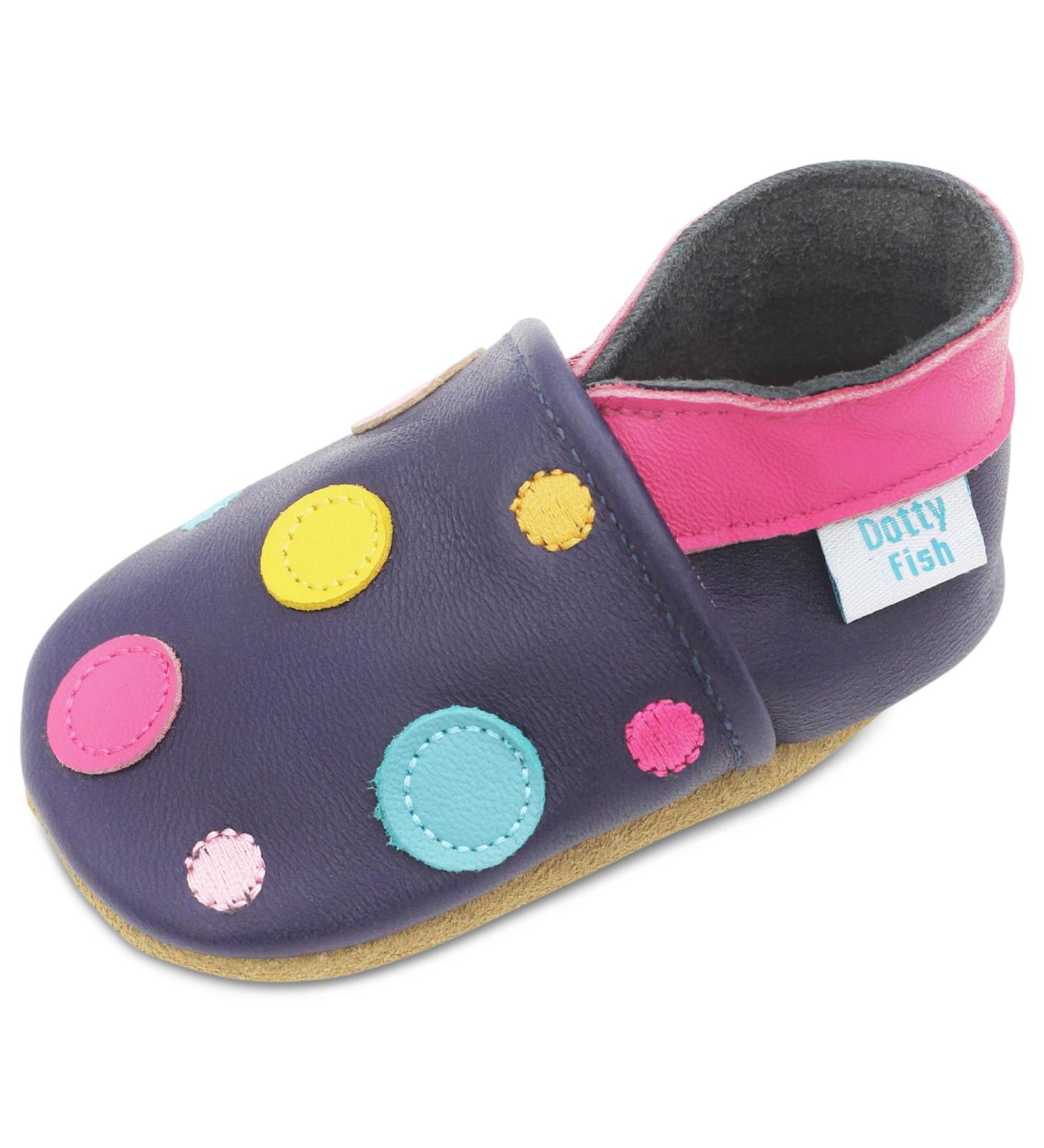 Dotty Fish Soft Leather Baby Shoes - Navy Toddler Shoes for Girls, Multi-Coloured Spotty Dotty Design, Size 2-3 Years (8 UK Child) - Buy Online on GoSupps.com