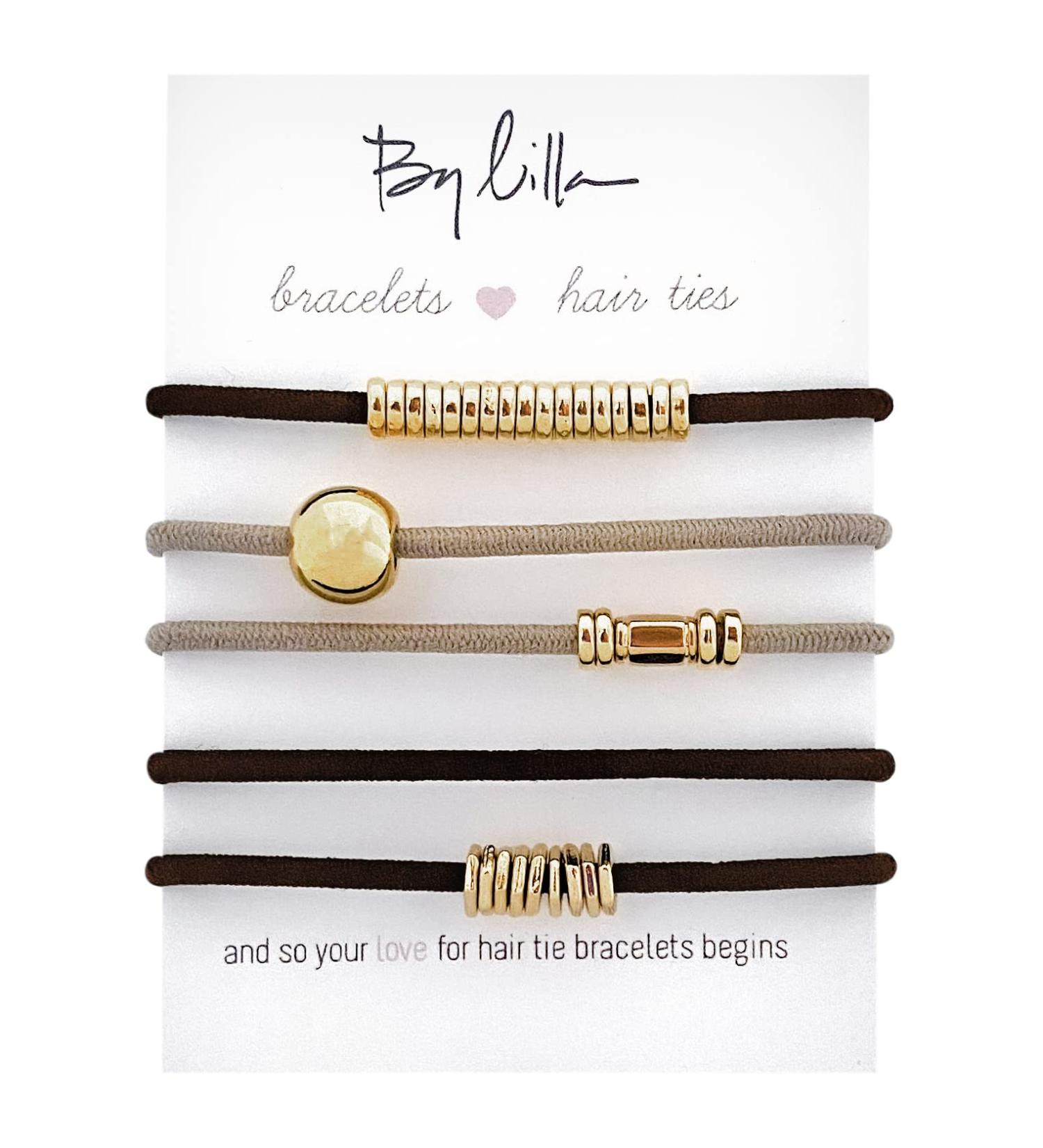 By Lilla Downtown Mini Stack Hair Ties and Bracelets Set - Set of 5 No Crease Hair Ties for Women - Black/Gold/Nude/Brown - Buy Online on GoSupps.com