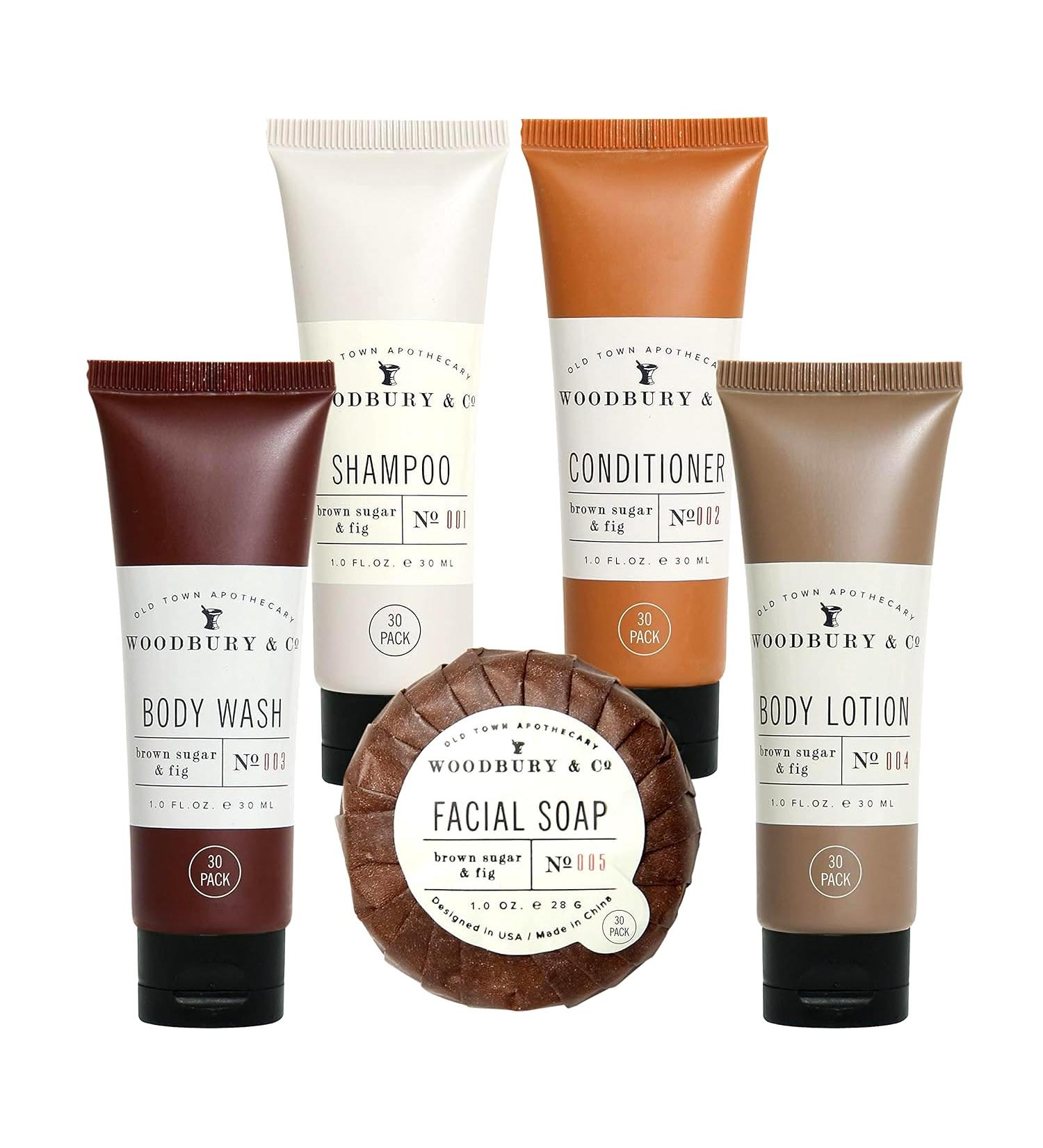 Woodbury & Co Travel Size Toiletries Set | Shampoo Conditioner Body Wash Lotion & Soap (150 PK 1 oz) | Bulk Mini Hygiene Kits for Airbnb & Guest Bathrooms - Sulfate Free - Buy Online on GoSupps.com