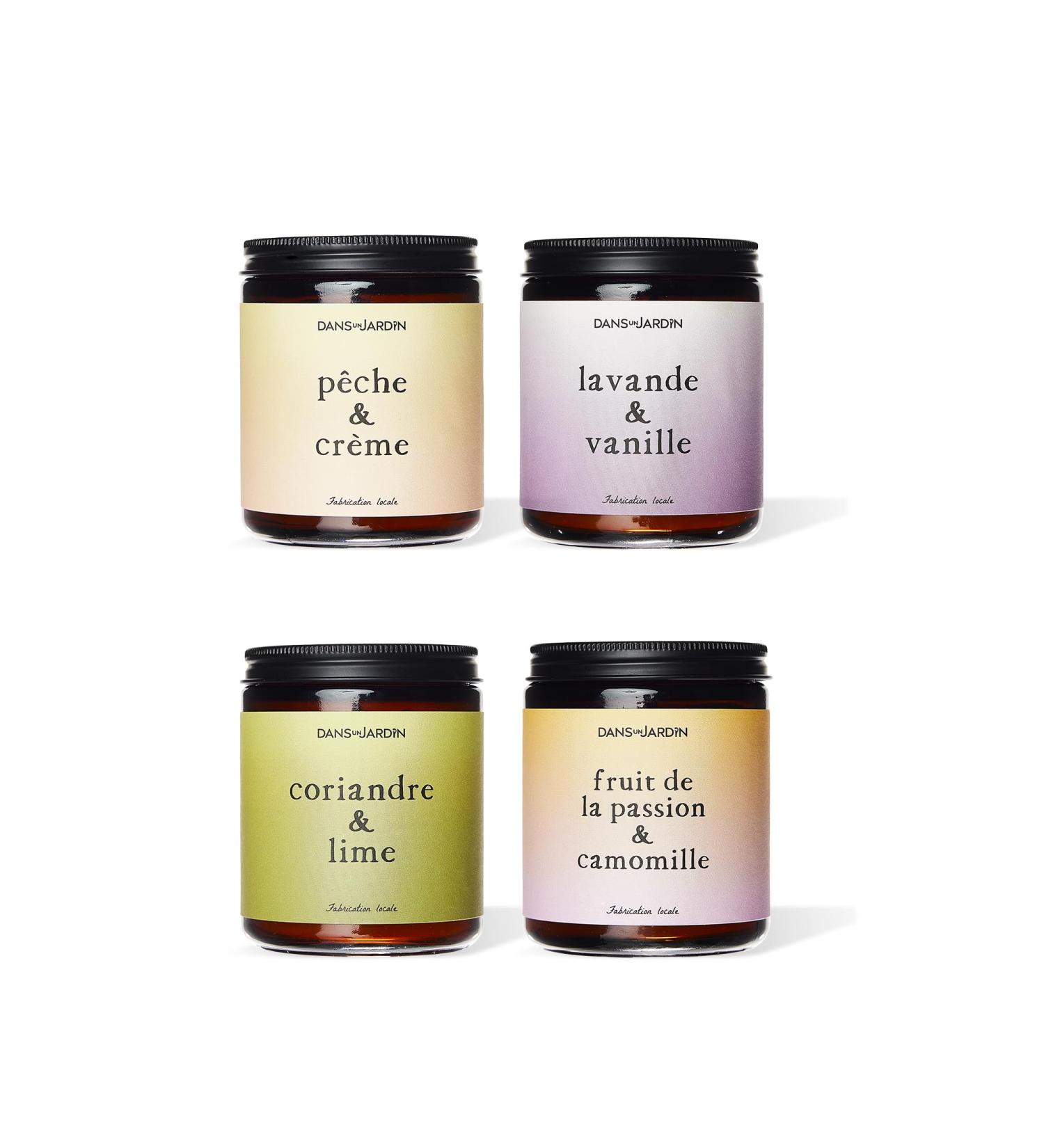 DANS UN JARDIN - Floral & Fruity Scented Candle Set Canada-made. 175g single-wick candles: Peach Coriander Passion Fruit & Lavender scents. North America soya blend 29hr burn. - Vegan - 4 x 175gr - Buy Online on GoSupps.com