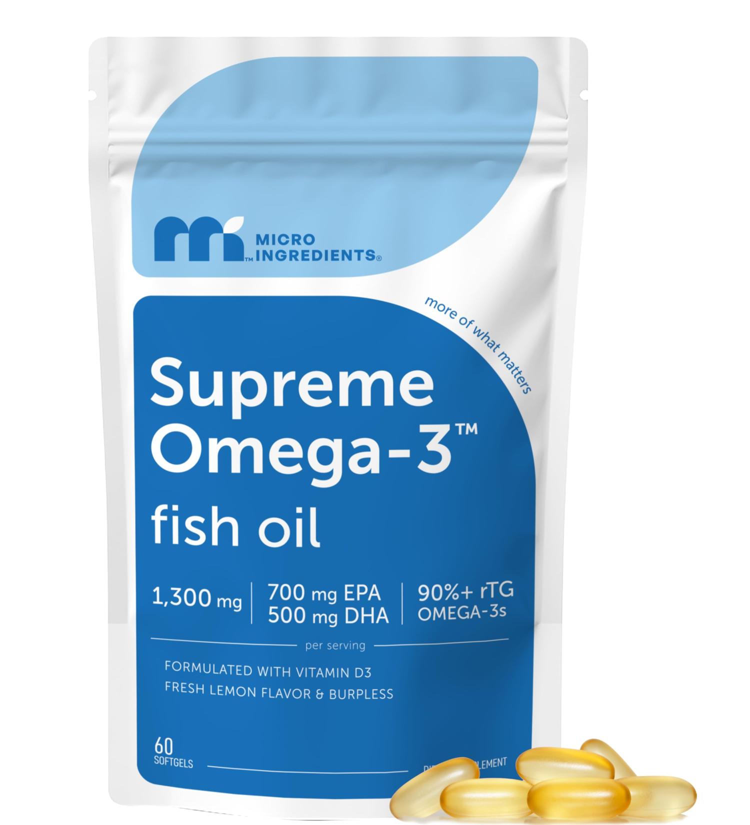 Micro Ingredients Supreme Omega-3 Fish Oil w/Ultra High EPA & DHA Burpless Softgels | rTG Omega-3 with Vitamin D3 | Wild-Caught Cold Deep-Sea Water | Lemon Flavor Easy to Swallow 60ct 60 Count (Pack of 1) - Buy Online on GoSupps.com