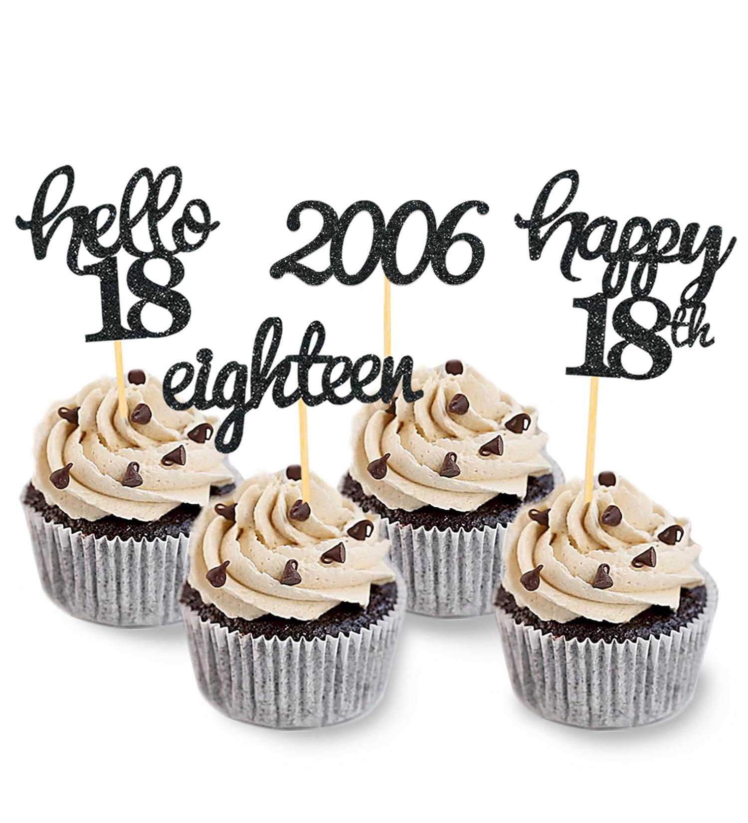 24 Glitter 18th Birthday Cupcake Toppers | Black Party Decorations for 2006 Birthday Boy - Perfect Cake Accessories - Buy Online on GoSupps.com
