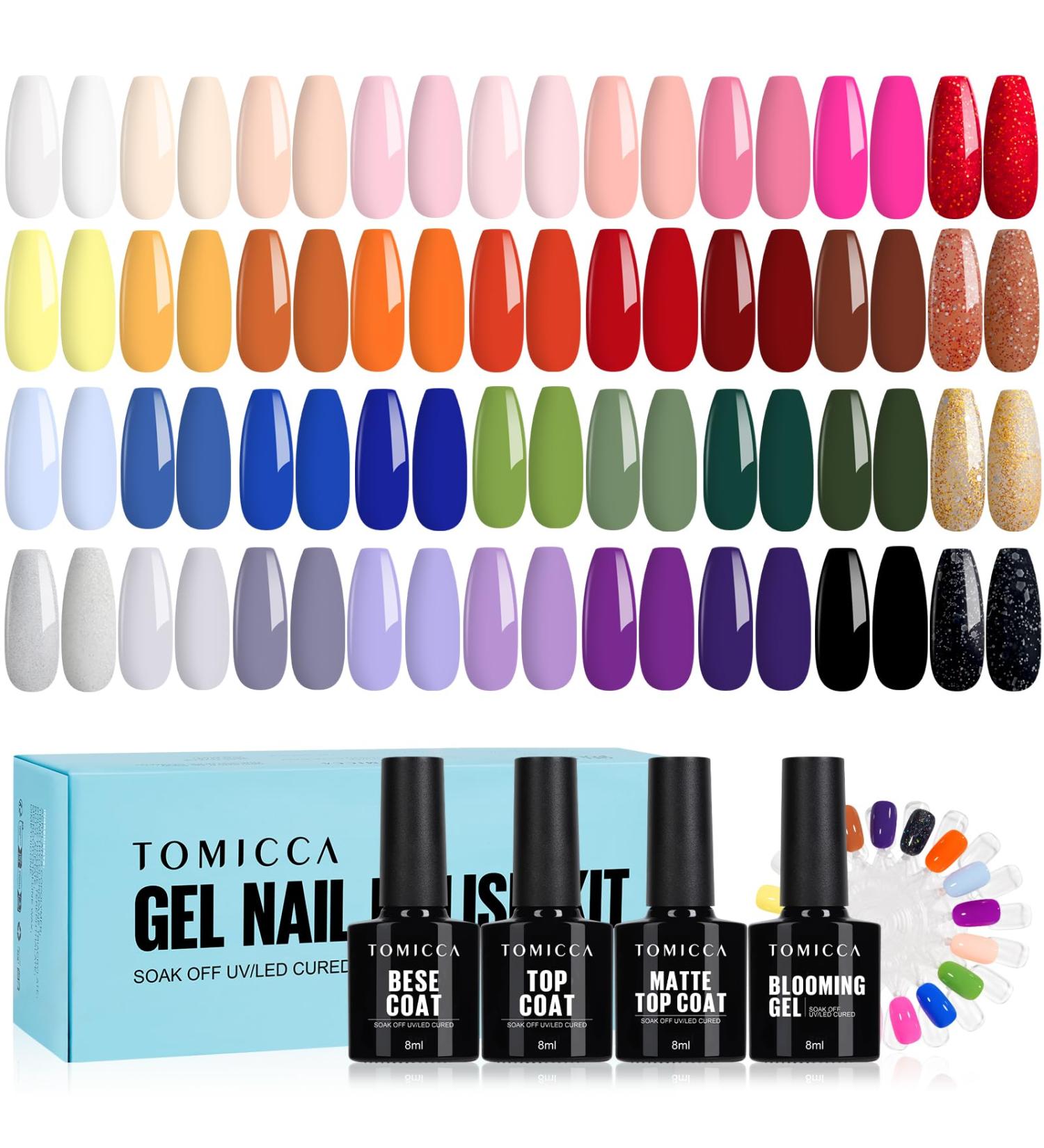 Tomicca 40PC UV Nail Polish Set - 36 Colors Shellac Gel & 4 Base Top Coats for Nail Studio & DIY - Blooming Gel & Nail Tip Display - Buy Online on GoSupps.com