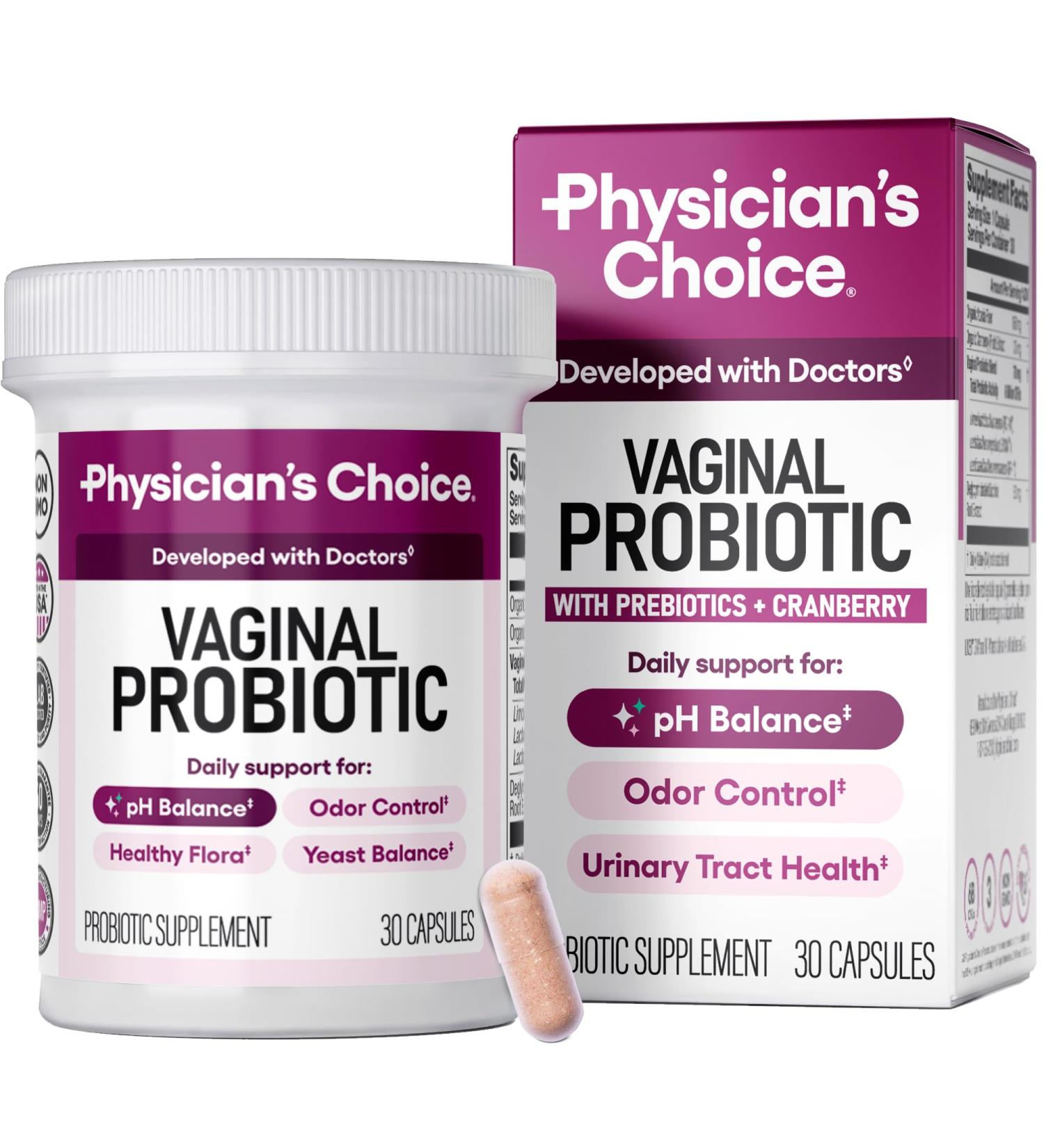 Physician's CHOICE Vaginal Probiotics for Women - pH Balance Odor Control Yeast Balance Vaginal Flora & Feminine Health - 6B CFU with Organic Prebiotics and Cranberry Extract - 30 CT 30 Count (Pack of 1) - Buy Online on GoSupps.com