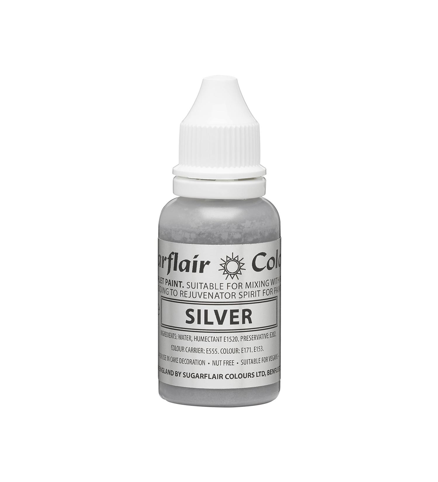 Sugarflair Silver Liquid Food Colouring Droplet For Painting By Mixing With Rejuvenator Spirit - 14ml