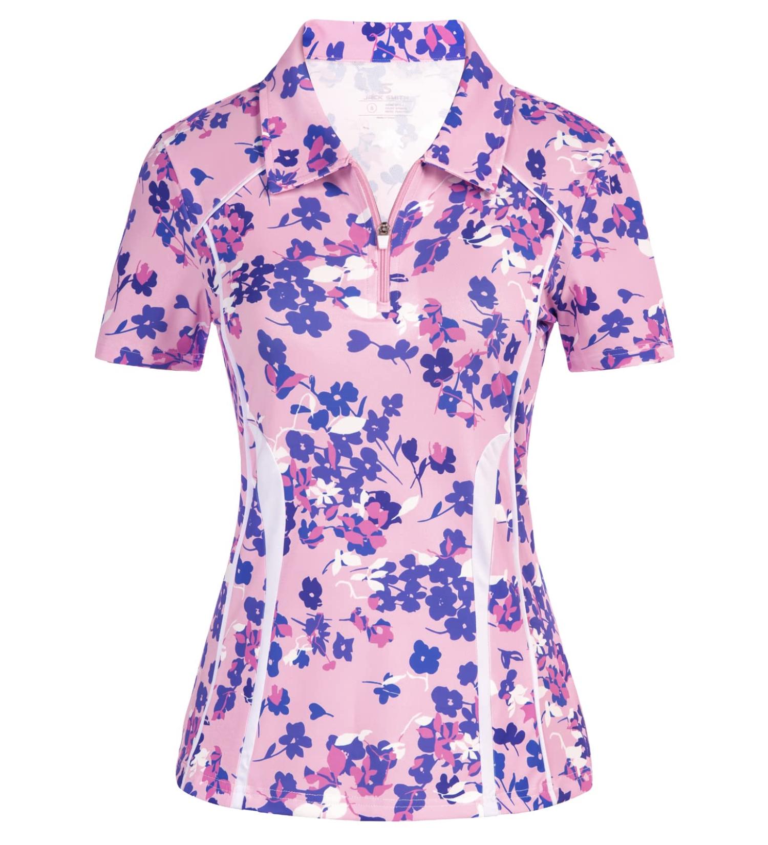 JACK SMITH Women's Golf Polo Shirt | Short Sleeve Moisture Wicking Zipper Top | Pink-floral, Large - Buy Online on GoSupps.com