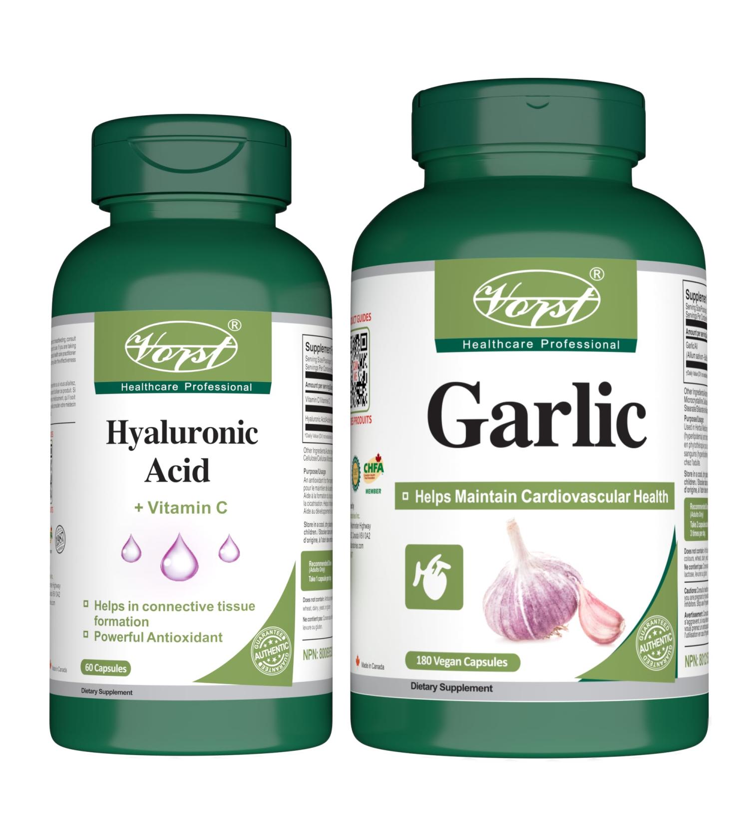 VORST Hyaluronic Acid with Vitamin C 60 Capsules & Garlic 180 Vegan Capsules (Combo Bundle 2 Bottles) - Buy Online on GoSupps.com