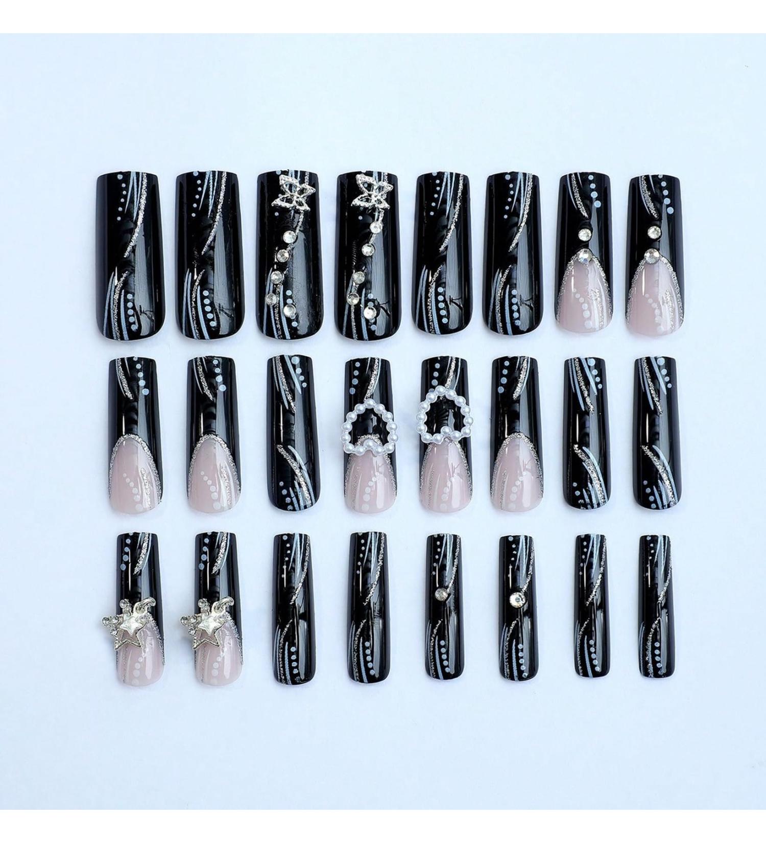 24pcs Black Bow Long Coffin Fake Nail Love Pearl Press on Nails Butterfly Stripes Polka Dot Luxurious Nails Acrylic Nails Fake Nails For Women Girls - Buy Online on GoSupps.com