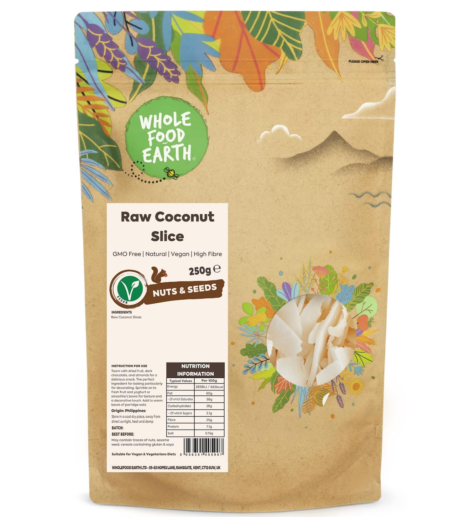 Wholefood Earth Raw Coconut Slice Non-GMO Natural Vegan Dairy Free No Added Sugar 250g - Buy Online on GoSupps.com