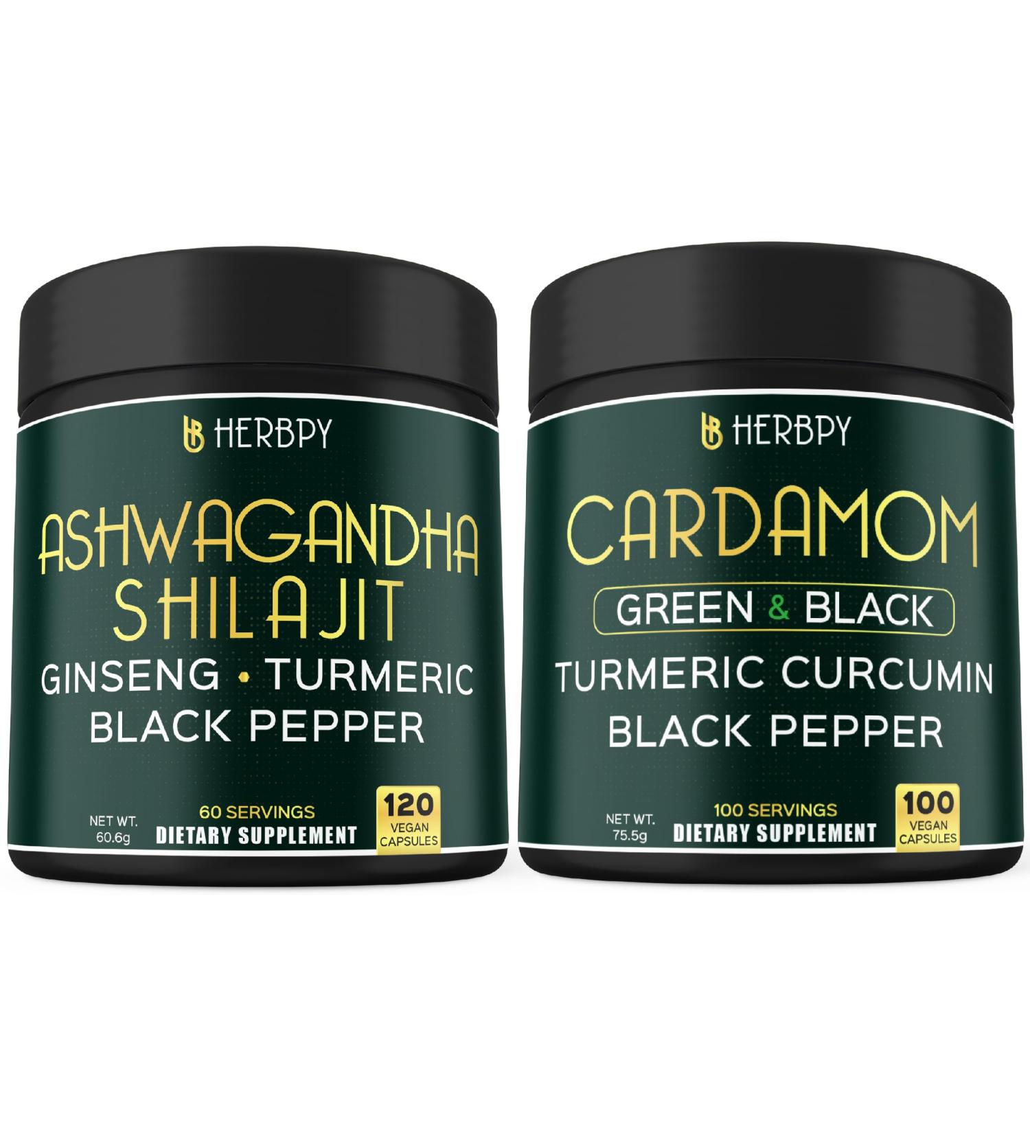 Herbpy Bundle 5in1 Ashwagandha Shilajit 120 Count & 4in1 Cardamom Capsules 100 Count - Buy Online on GoSupps.com