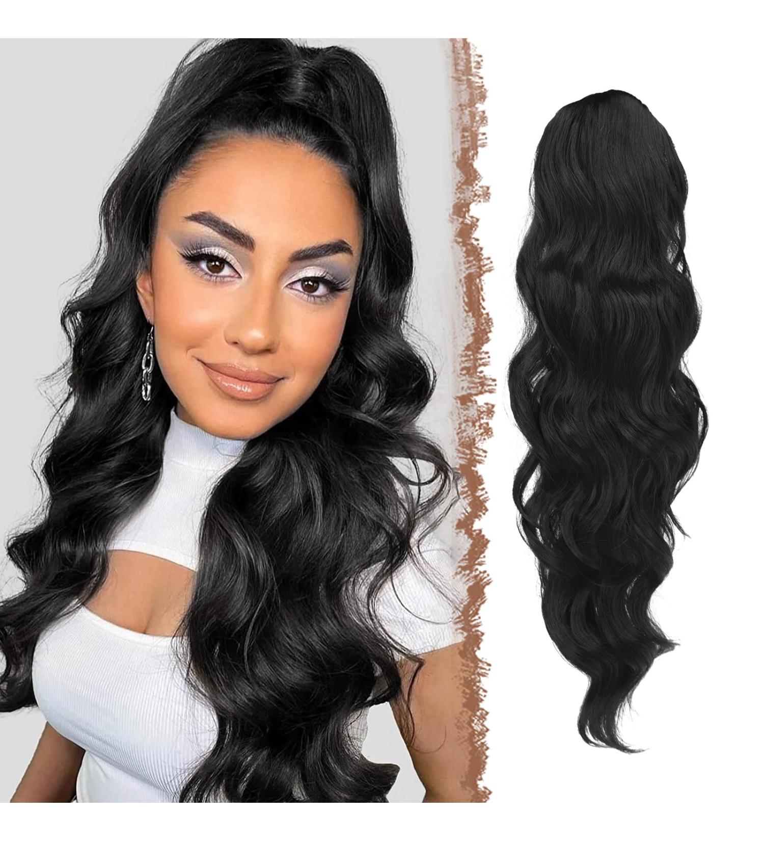 FESHFEN Long Curly Wavy Ponytail Extension | Drawstring Synthetic Hairpiece 60cm | Off Black 1B# for Women & Girls - Buy Online on GoSupps.com