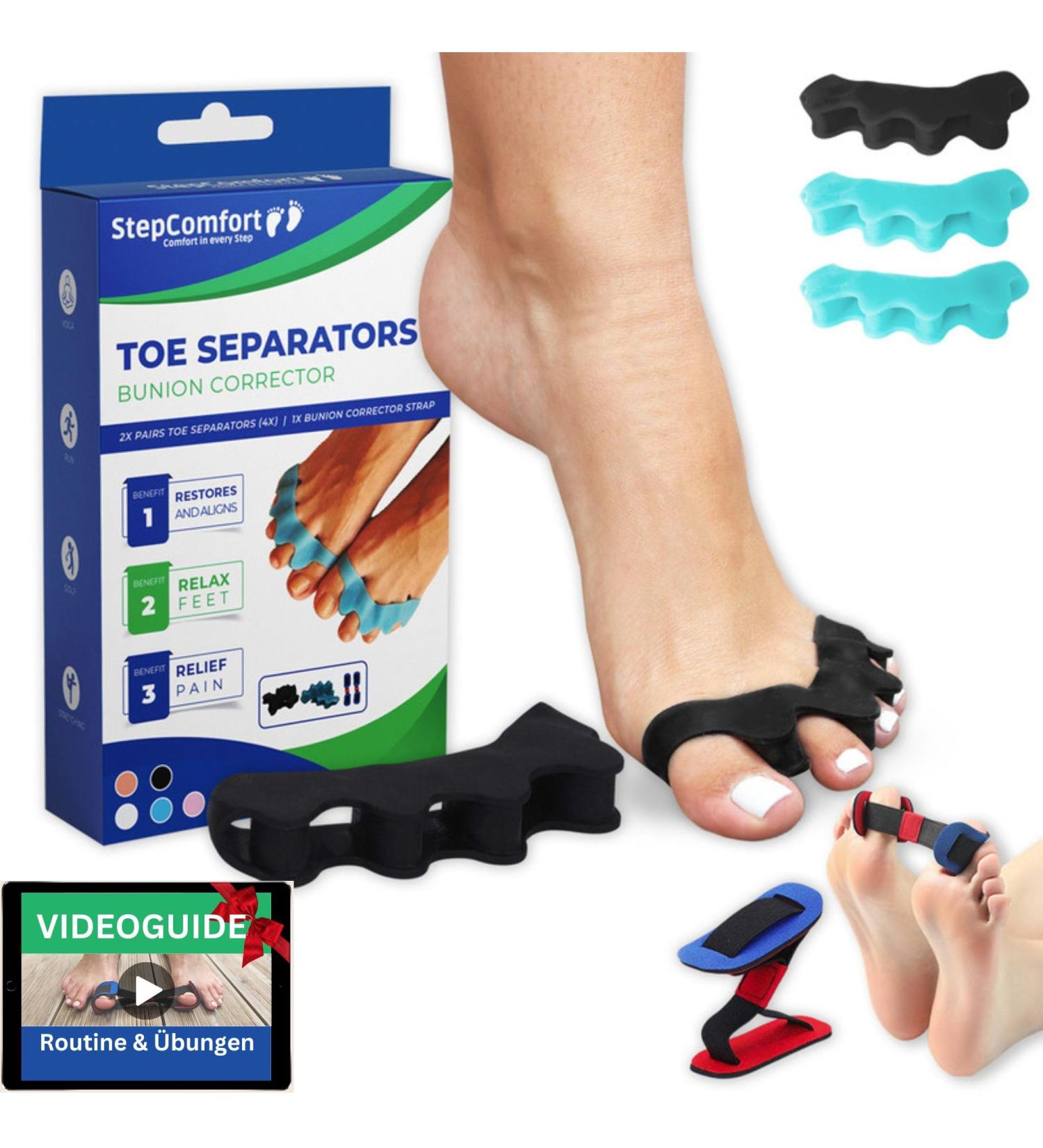 Stepcomfort Toe Spreader & Elastic Bale Toe Corrector 4 PC Set for Hallux Valgus Hammer Toe Correction Silicone Toe Separator & Spacer for Foot Realignment (Blue & Black) - Buy Online on GoSupps.com