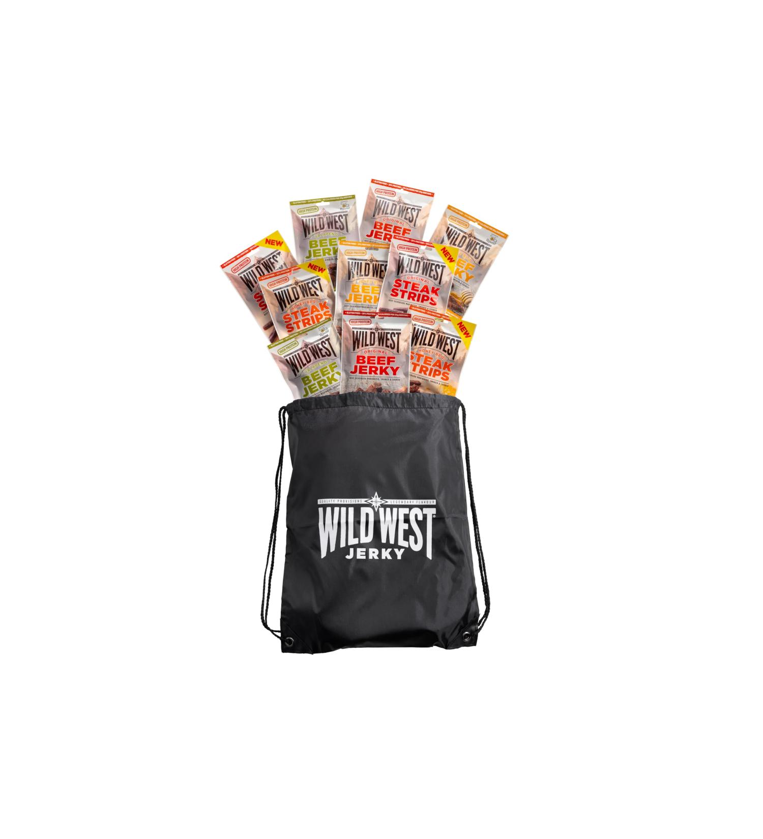 Wild West Beef Jerky Mix Box 60G - High Protein 10 Pack with Sportsbag | Original Honey BBQ Jalapeno & Steak Strips - Buy Online on GoSupps.com