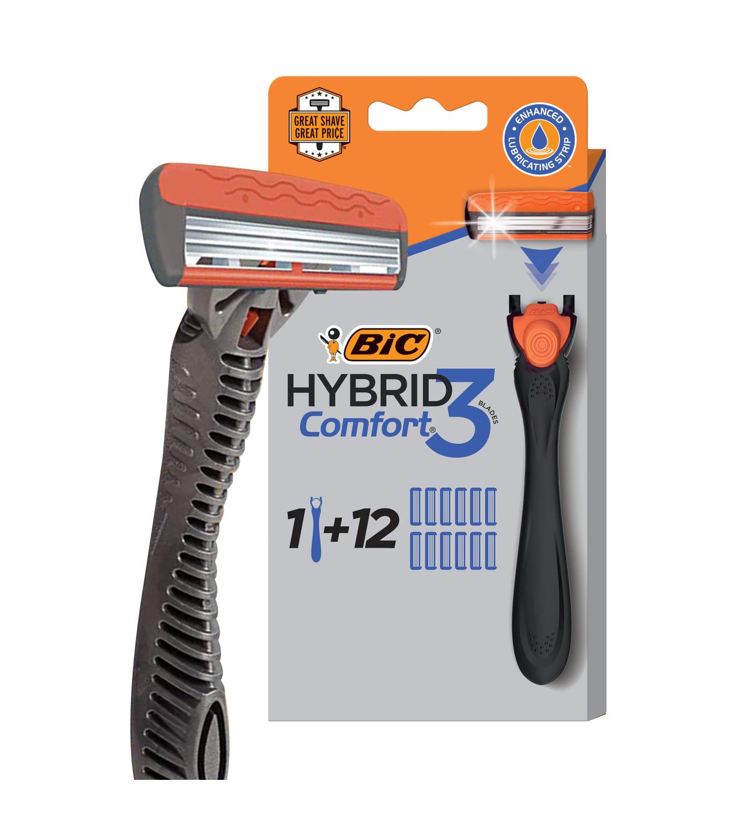 BIC Hybrid 3 Comfort Men's Disposable Razors Kit - 1 Handle & 12 Cartridges, 3 Blades - 13 Piece Set - Buy Online on GoSupps.com