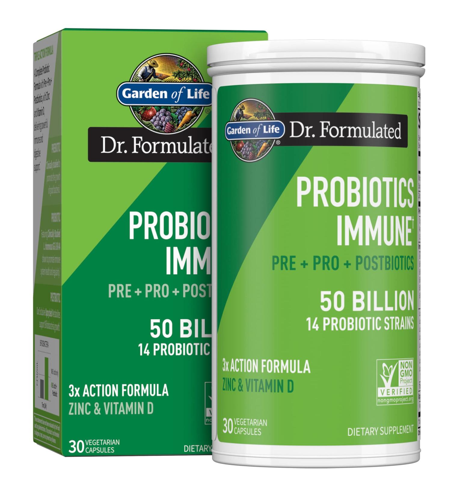 Garden of Life Immune Support Probiotics with Prebiotics, Postbiotics, D3 & Zinc - Organic Vegan Fiber - 30 Day Supply - Buy Online on GoSupps.com