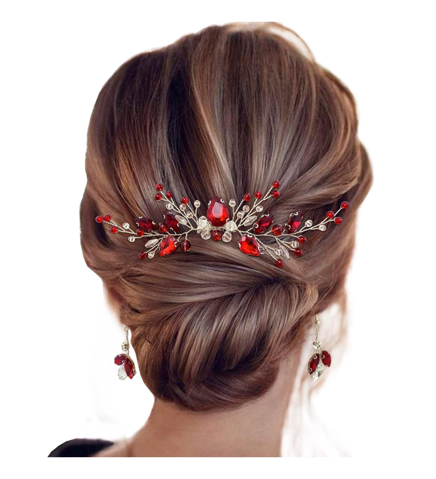 Wine Red Bridal Crystal Hair Comb and Earrings Set - Elegant Wedding Accessories for Women - Buy Online on GoSupps.com