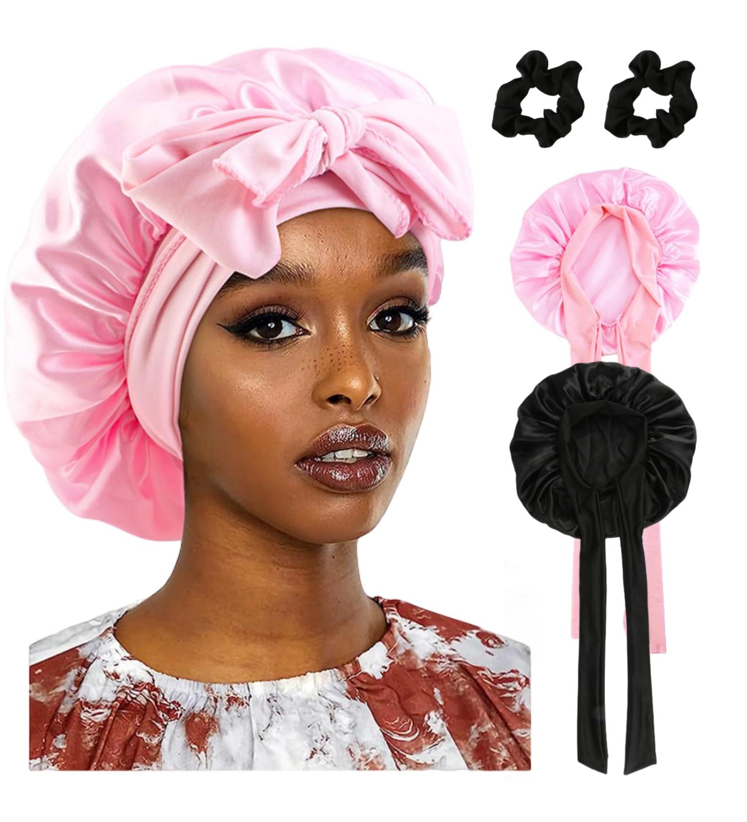 Silk Sleep Hood Bonnet Set - 2 Adjustable Satin Sleeping Caps with Hair Ties - Women's Sleepwear (Black & Pink) - Buy Online on GoSupps.com