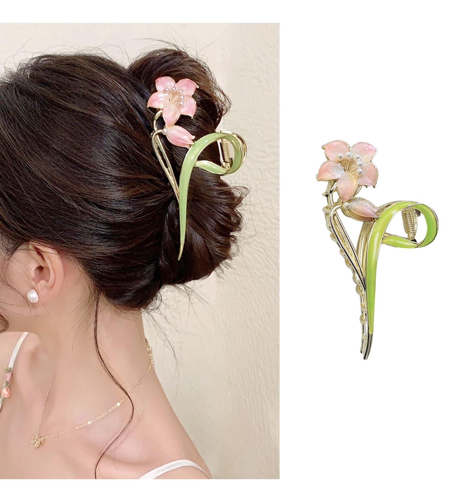 Gold Metal Lily Flower Hair Clip - Pink Floral Barrette for Strong Hold - Cute Fashion Hair Accessory for Thick & Thin Hair - Buy Online on GoSupps.com