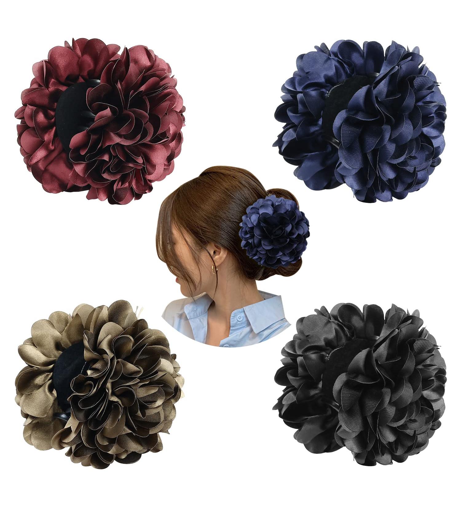 Cinaci 4 Pack Large Satin Flower Hair Bows with Hair Claws - Red Navy Blue Black Ribbon Fabric Barrettes for Women and Girls - Buy Online on GoSupps.com