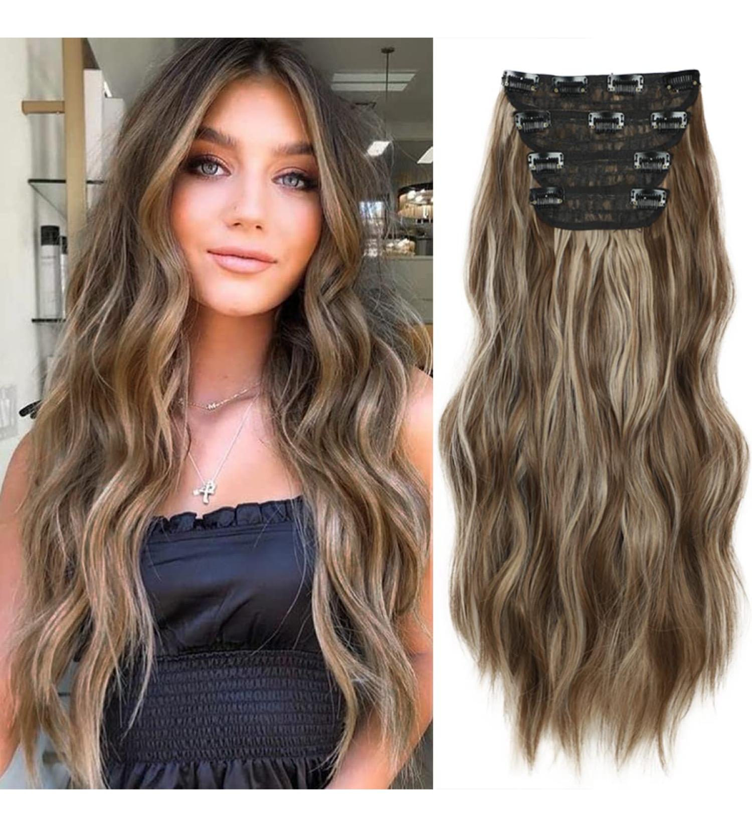 Buy Affordable Clip-In Hair Extensions: Brown & Blonde 50cm Long Wavy Double Weft - Realistic Synthetic for Women - Buy Online on GoSupps.com