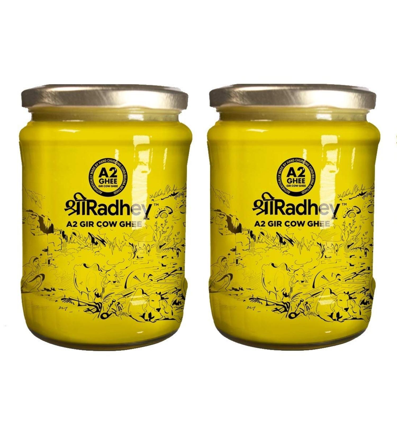 Organic Shree Radhey A2 Bilona Gir Cow Ghee 500ml x 2 Pack - Traditional Bilona Method, Cultured, Premium, Immunity Booster - Pure, Healthy, Fresh - Lactose & Gluten Free - Keto Friendly - Glass Bottle 16.91 Fl Oz - Buy Online on GoSupps.com