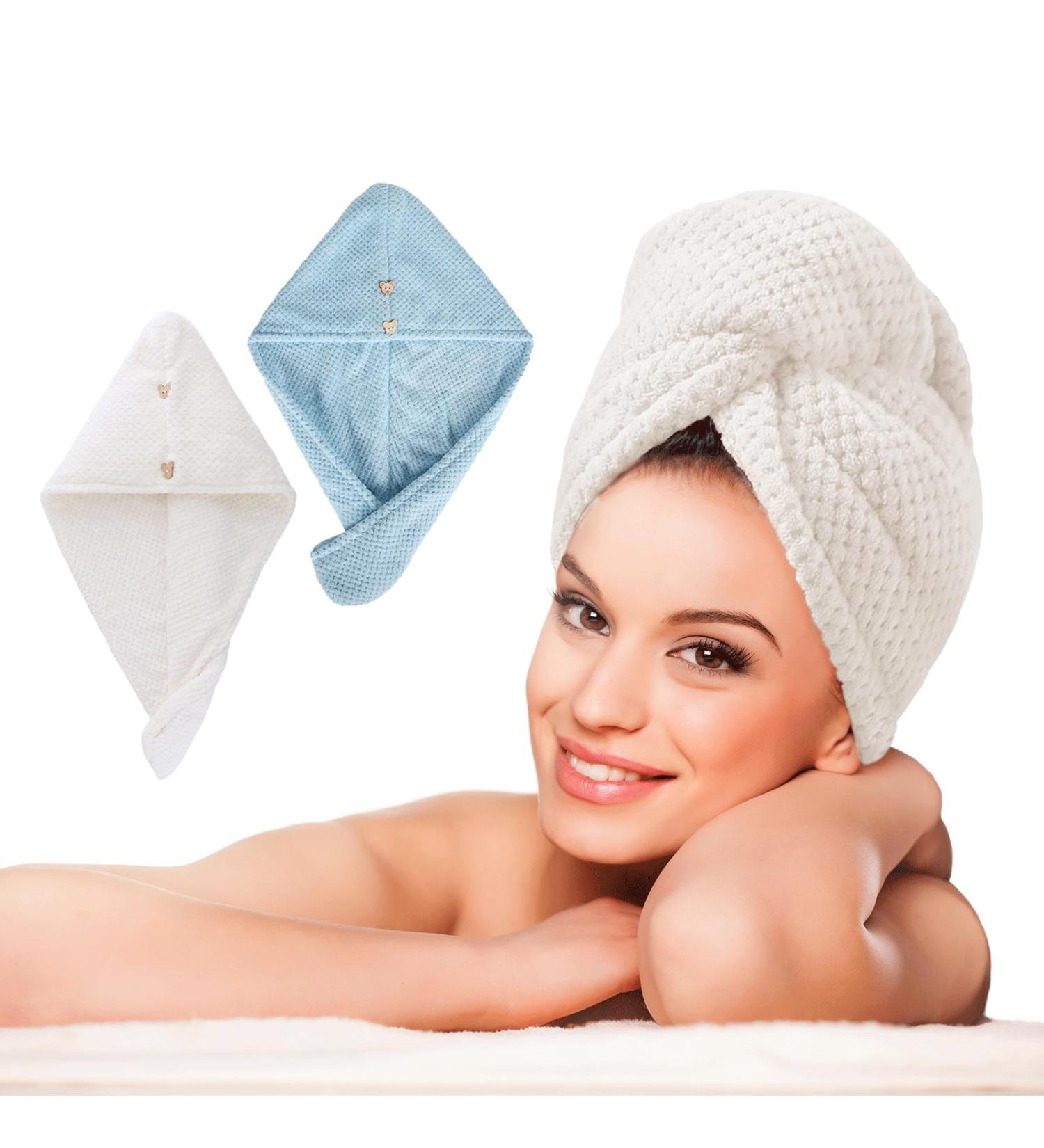LTBL microfiber hair cloth wrap large double-layer thickened hair drying towel with button fast drying hair towels for women (light blue & pearl white)