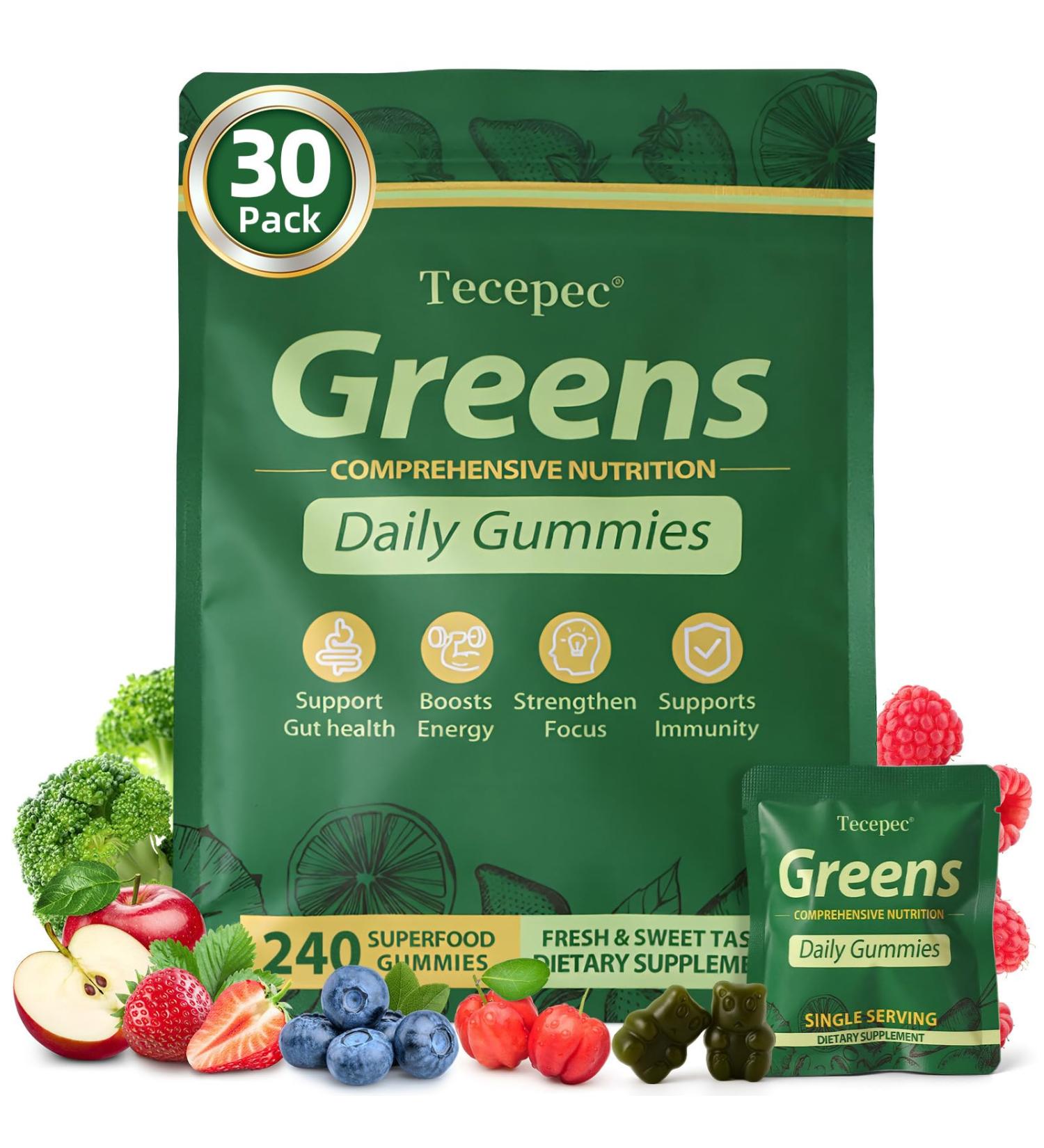 Greens Daily Gummies, Superfood Fruits and Veggies Blend with Spirulina, Chlorella, Prebiotics & Fiber, Adaptogens Multivitamin Supplement for Women & Men Digestive Health, Non-GMO, 240 Count 240 Count (Pack of 1) - Buy Online on GoSupps.com