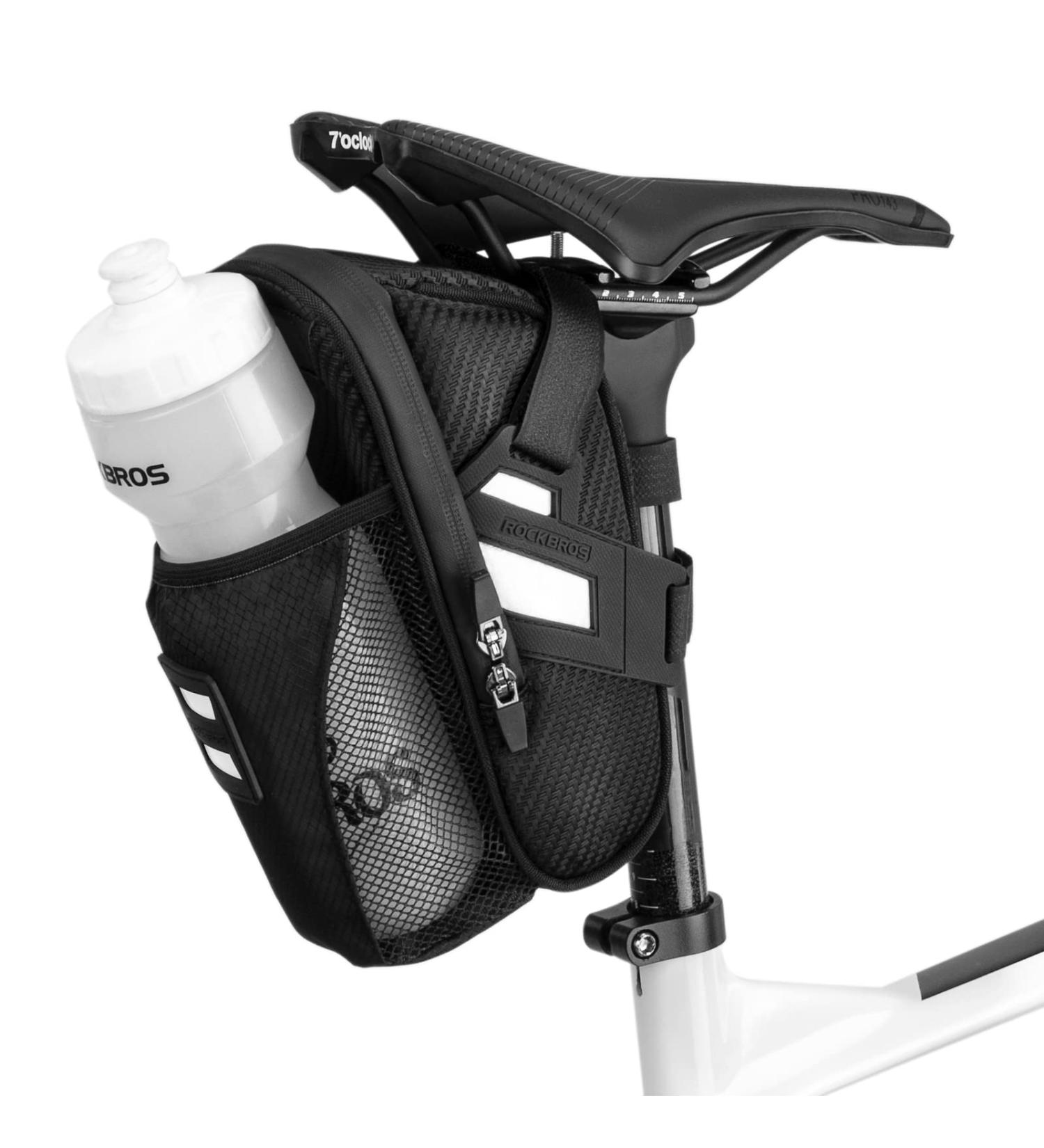 Rockbros Bicycle Saddle Pocket Bag | Waterproof MTB Seat Bag with Bottle Holder - Scratch-Resistant & Reflective Black/Silver - Buy Online on GoSupps.com