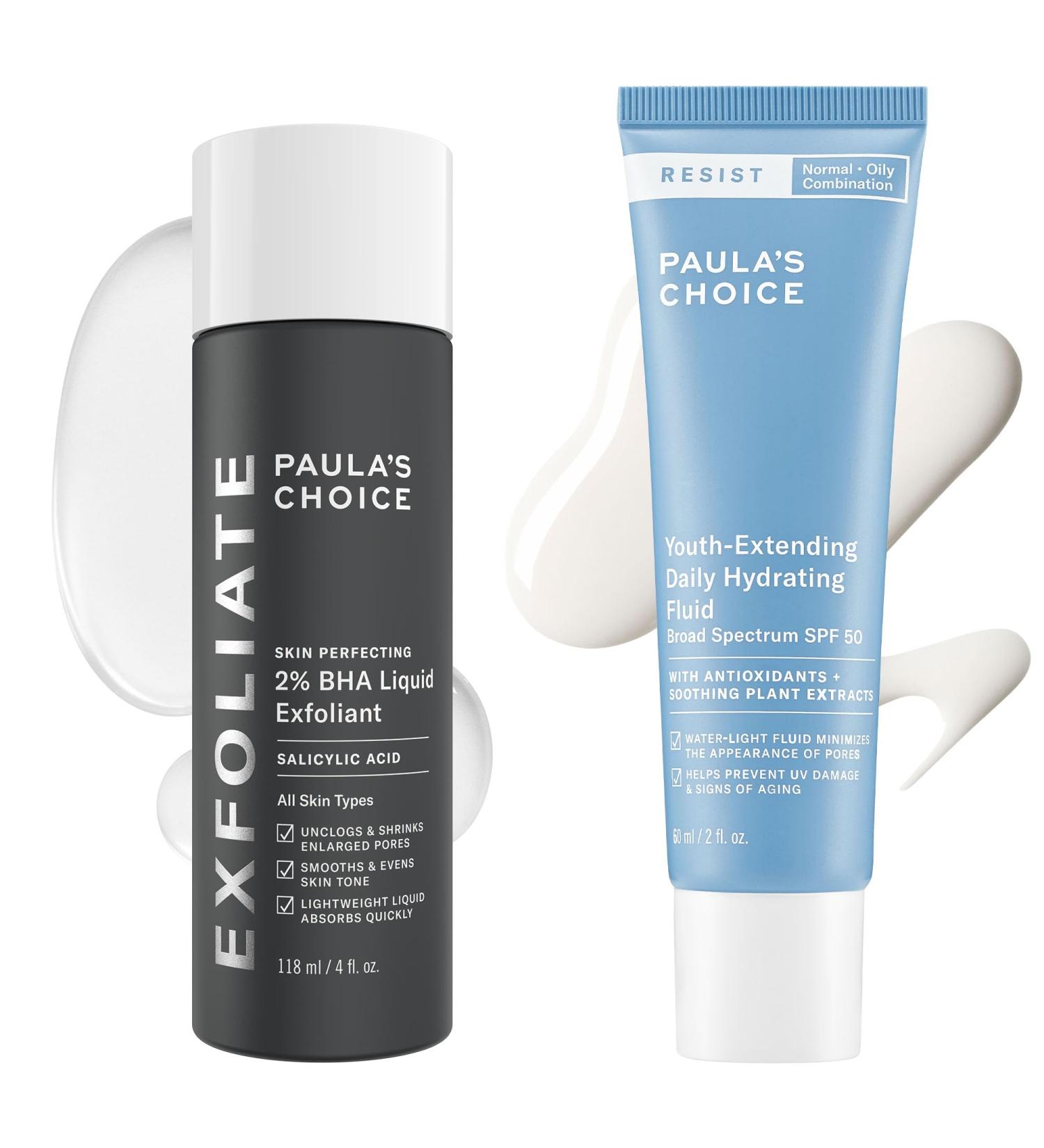 Paula's Choice SKIN PERFECTING 2% BHA Liquid Exfoliant Salicylic Acid Facial Exfoliator for Enlarged Pores & RESIST Daily Hydrating Fluid Face Moisturizer with SPF 50 Sunscreen - Buy Online on GoSupps.com