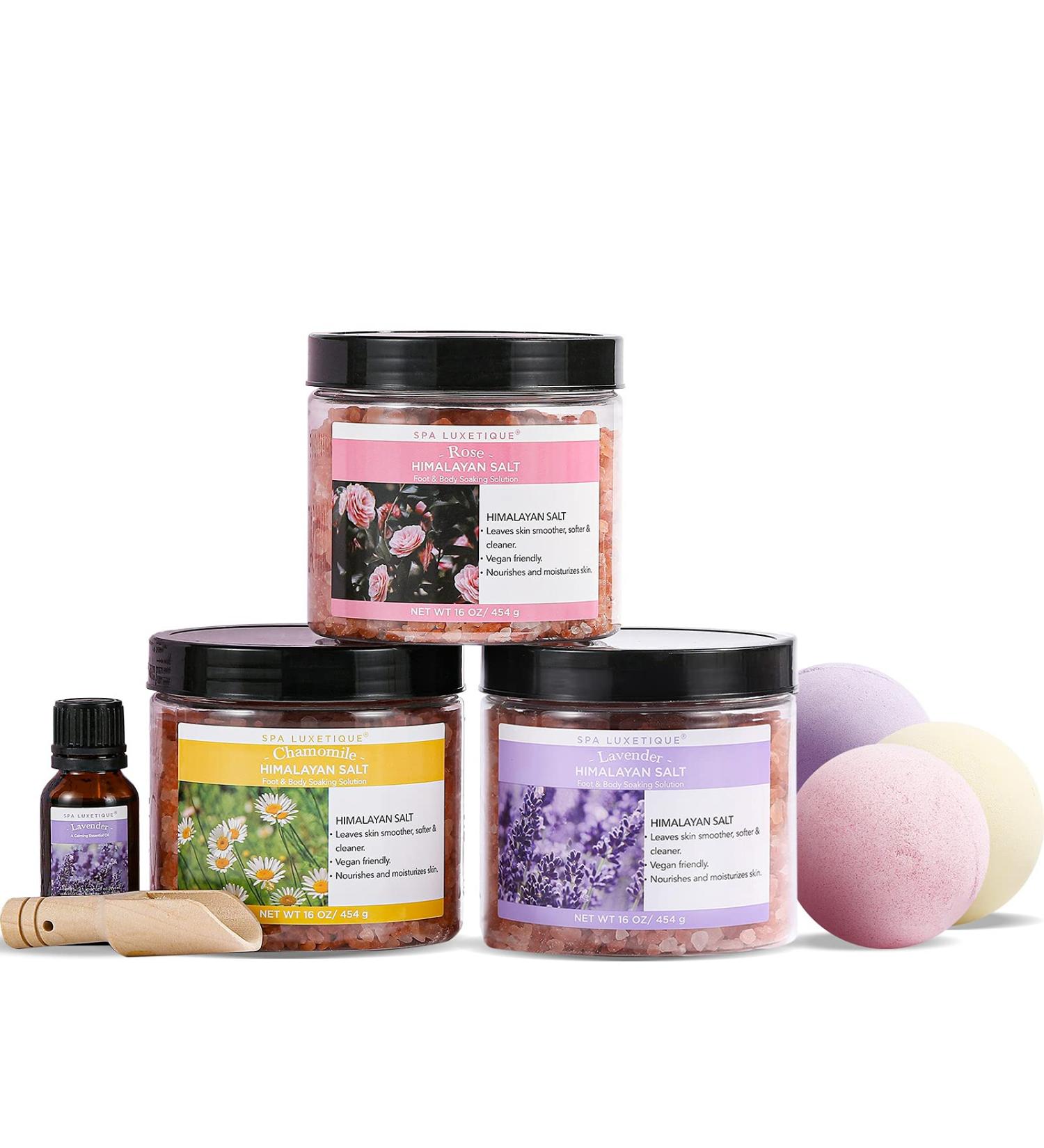Spa Luxetique Pink Himalayan Bath Salts Set with Essential Oils and Bath Bombs - 8pcs, Revitalize and Soothe Skin, Relaxing Spa Gifts for Women - Buy Online on GoSupps.com