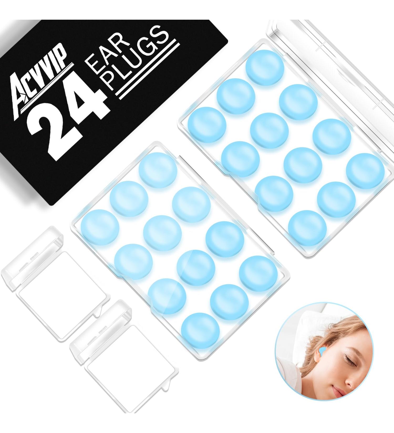 ACVVIP Silicone Ear Plugs - 24 Reusable Noise Canceling Earplugs for Sleeping & Travel - Soft Light Blue with Carrying Box - Buy Online on GoSupps.com