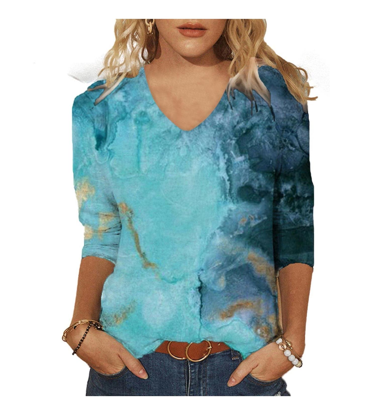 Women's Printed V-Neck T-Shirt | 3/4 Sleeves | Casual Loose Fit | Blue | XX-Large - Buy Online on GoSupps.com