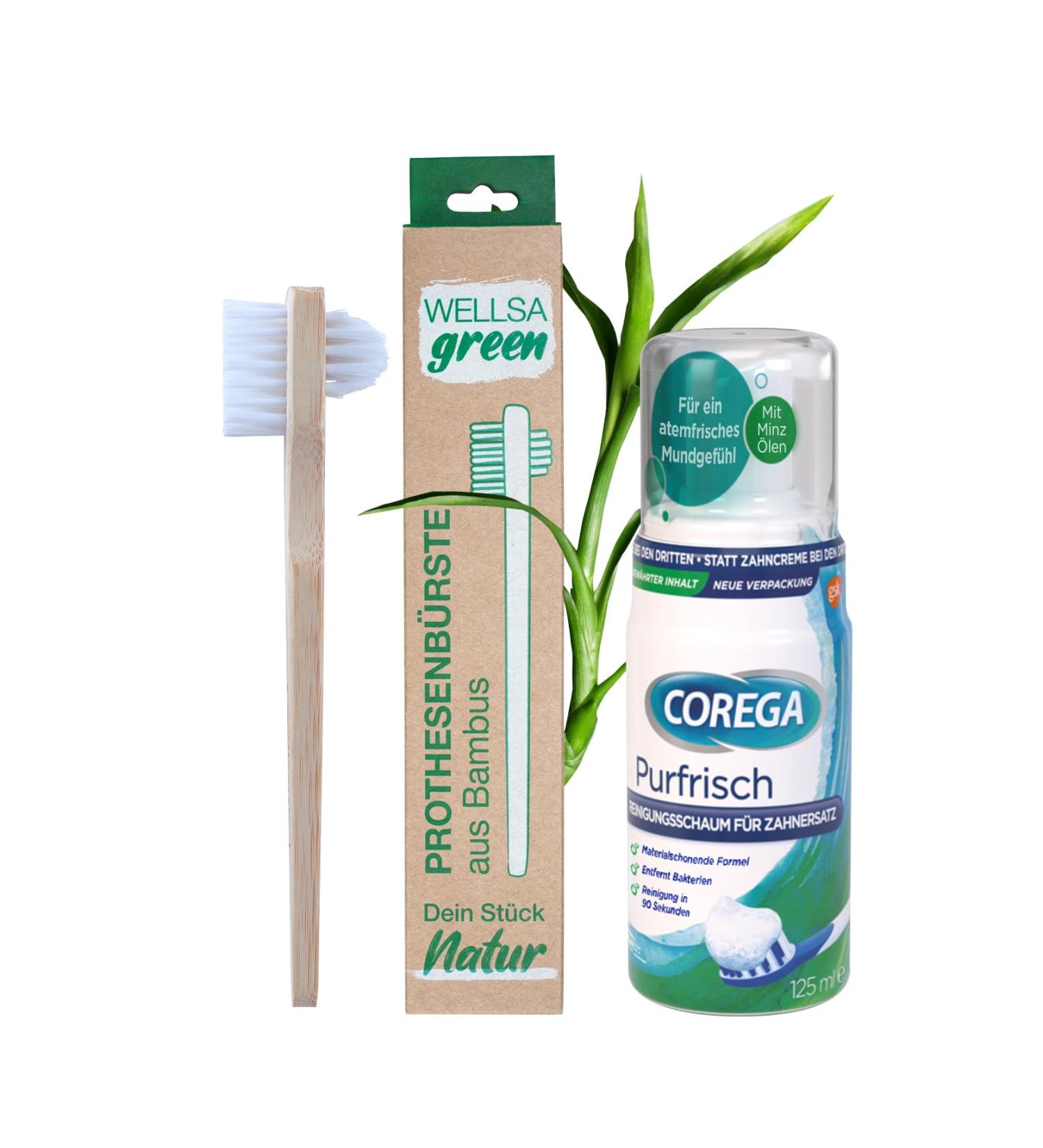 Wellsamed Savings Set - Denture Brush & COREGA Purfrisch Cleaning Foam (Bamboo) | International Shipping - Buy Online on GoSupps.com