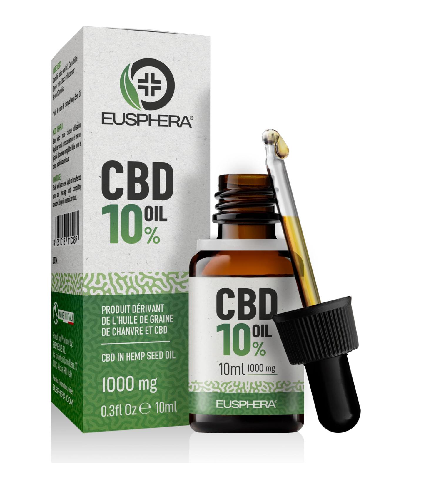 EUSPHERA - Hemp Oil 10% Pure 100% Natural CBD Oil With Omega 3 6 9 and Vitamins Without Coservater Made in EU 300+ Drops 10ml 1000mg - Buy Online on GoSupps.com