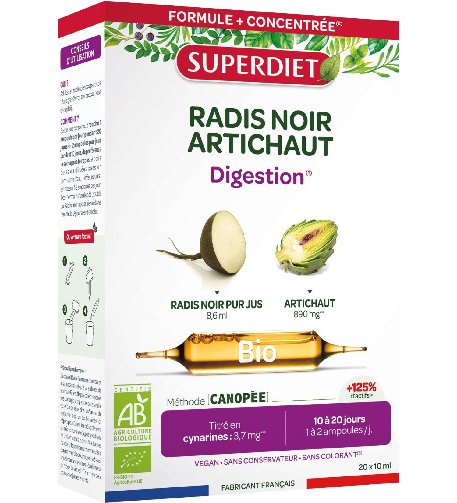 SUPERDIET - BLACK RADISH - ORGANIC ARTICHOKE - Transit & Easy Digestion - Made in France - 20 ampoules of 10 ml - Buy Online on GoSupps.com