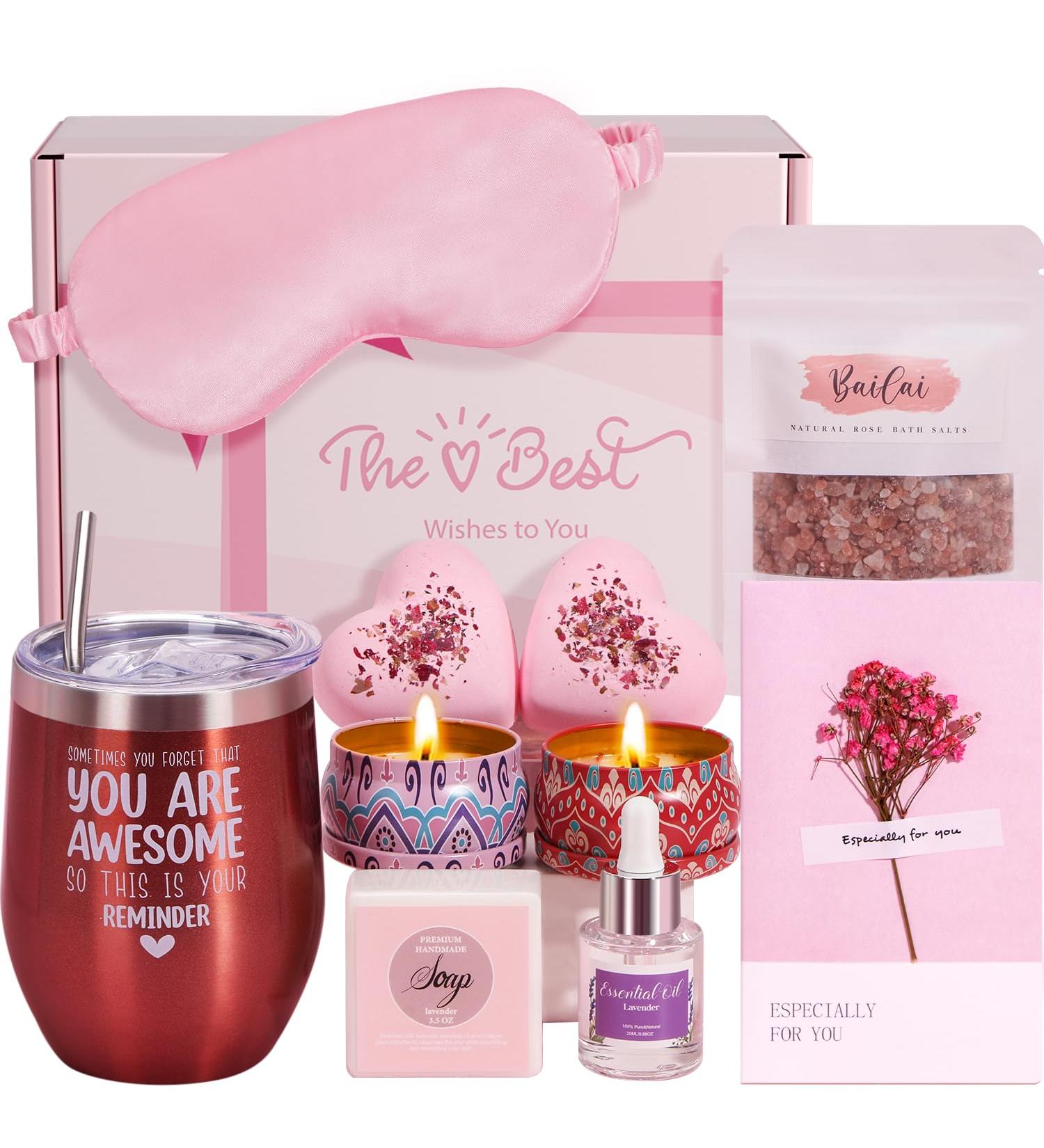 Pamper Gifts Set for Women - Relaxation Bath Hamper with Lavender Essential Oil, Bath Bomb, Candle, Wine Tumbler, Sleep Mask - Perfect Birthday Gift for Her - Buy Online on GoSupps.com