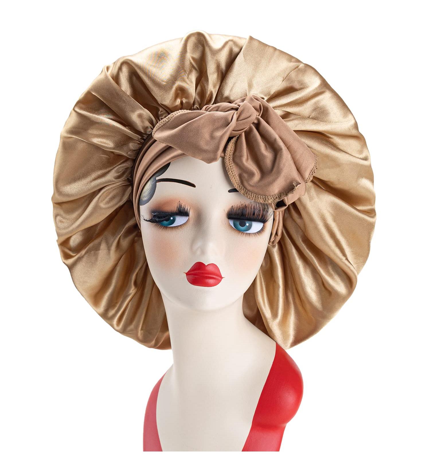 Awegeo Satin Bonnet with Adjustable Straps | Jumbo Size Silk Hair Bonnet for Women | Ideal for Sleeping & Long Curly Hair | Khaki - Buy Online on GoSupps.com