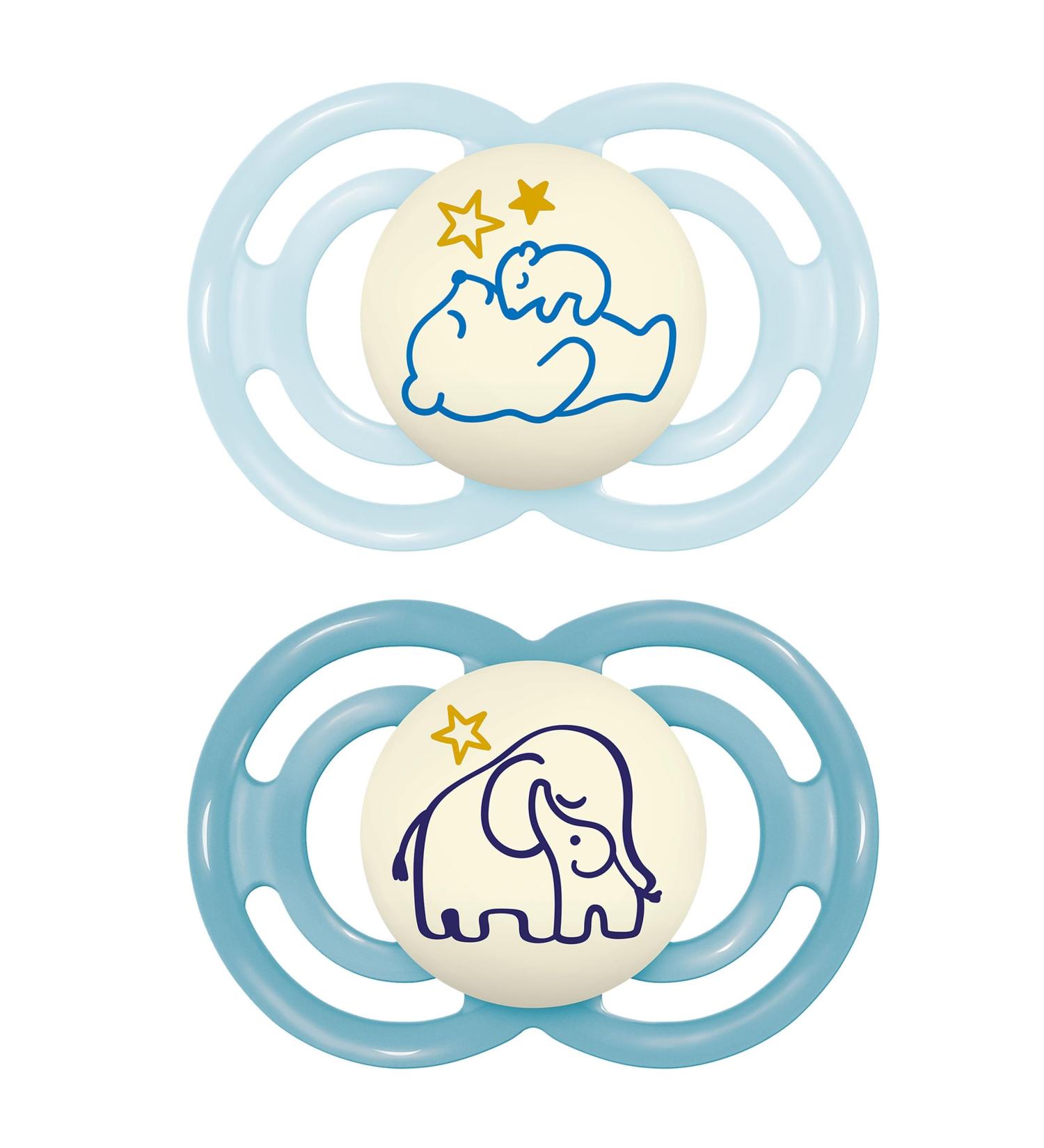 Mam Perfect Night Pacifiers - 2 Pack | Glow in the Dark Tooth-Friendly Eco-Friendly Baby Soothers for 16+ Months (Bear/Elephant) with Pacifier Box - Buy Online on GoSupps.com