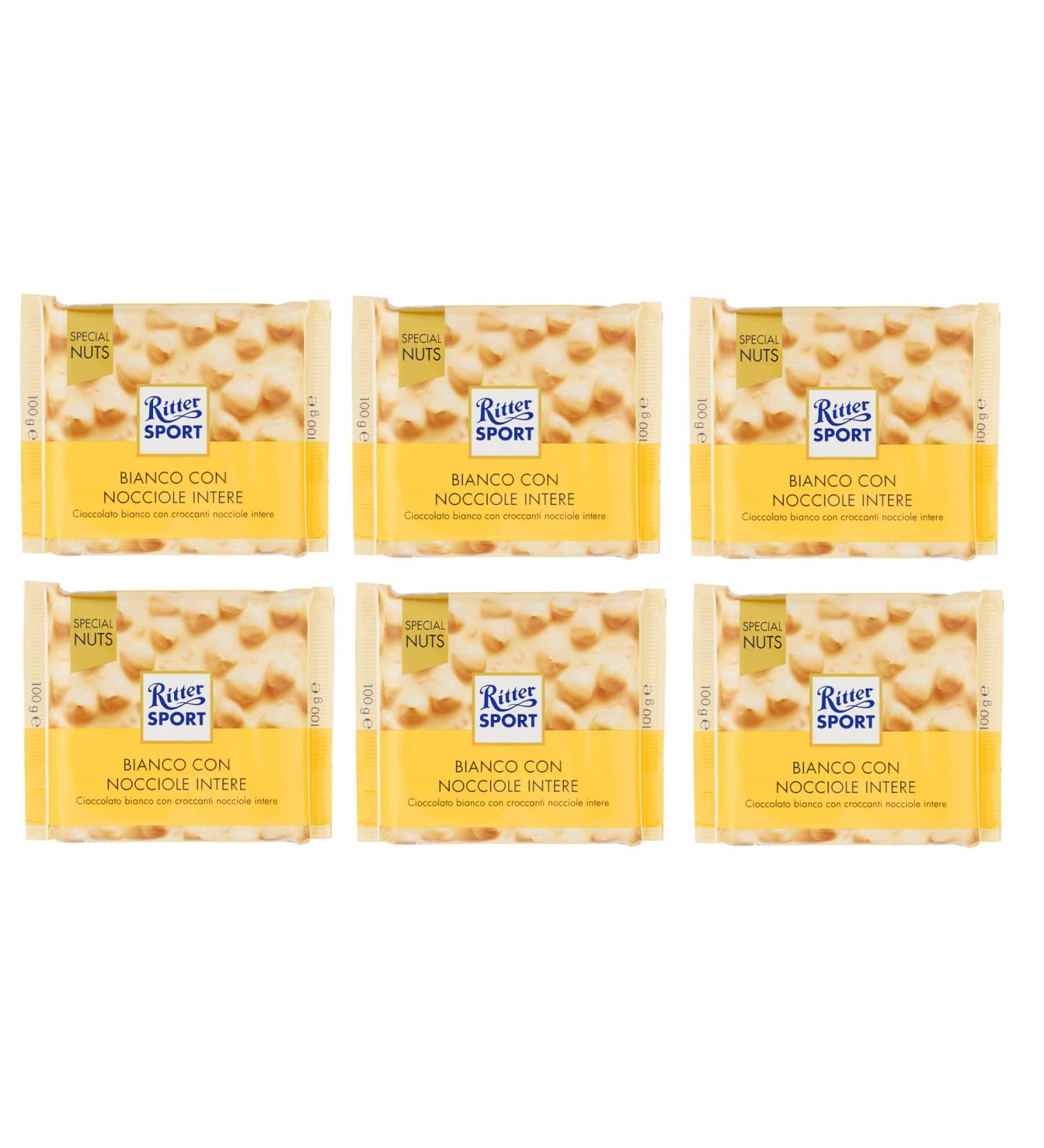 Italian Gourmet E.R. Ritter Sport Pack of 6 Special Nuts Bianco con Nocciole Intere White chocolate with whole hazelnuts and puffed rice 100g