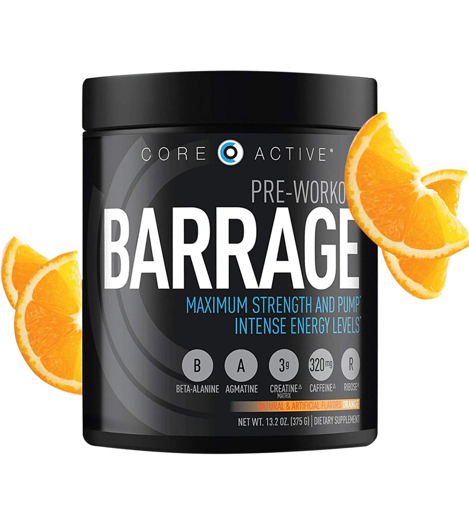 Core Active Barrage Pre Workout Powder - Creatine, Beta Alanine, Agmatine Sulfate & Caffeine Blend - Muscle Builder with Intense Energy - Orange Flavor (30 Servings) - Buy Online on GoSupps.com