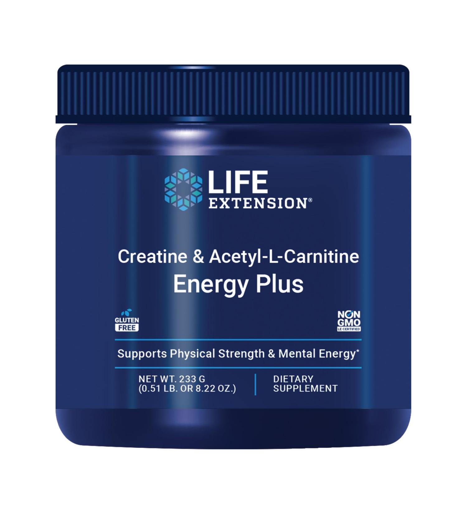 Life Extension Creatine Acetyl-L-Carnitine Energy Plus Energy Support Supplement creatine monohydrate Acetyl-L-carnitine Gluten-Free Non-GMO Vegetarian 30 Servings - Buy Online on GoSupps.com