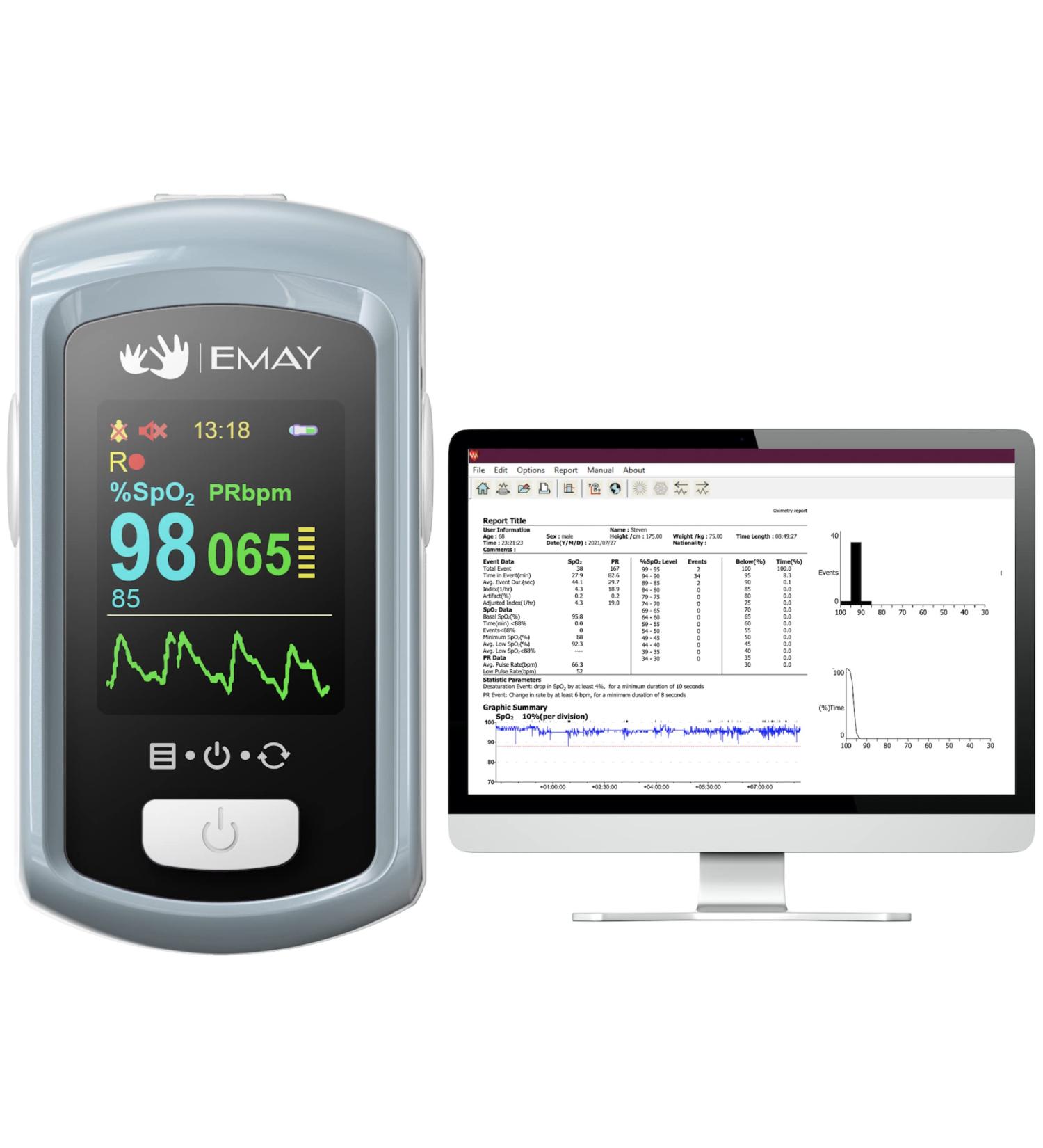 EMAY Sleep Oxygen Monitor with PC Software & App | Bluetooth Pulse Oximeter for Overnight SpO2 Tracking | Rechargeable & 72 Hours Memory | Informative Report & Analysis - Buy Online on GoSupps.com