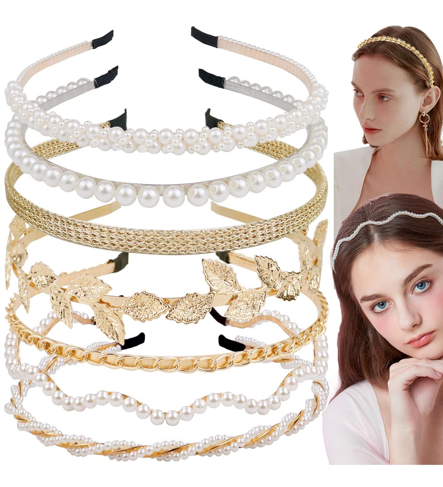 BOYIVI 7 PCS Gold Metal Headbands for Women Girls - Pearl Hairbands with Leaf Decor - Bridal Wedding Hair Accessories - Buy Online on GoSupps.com