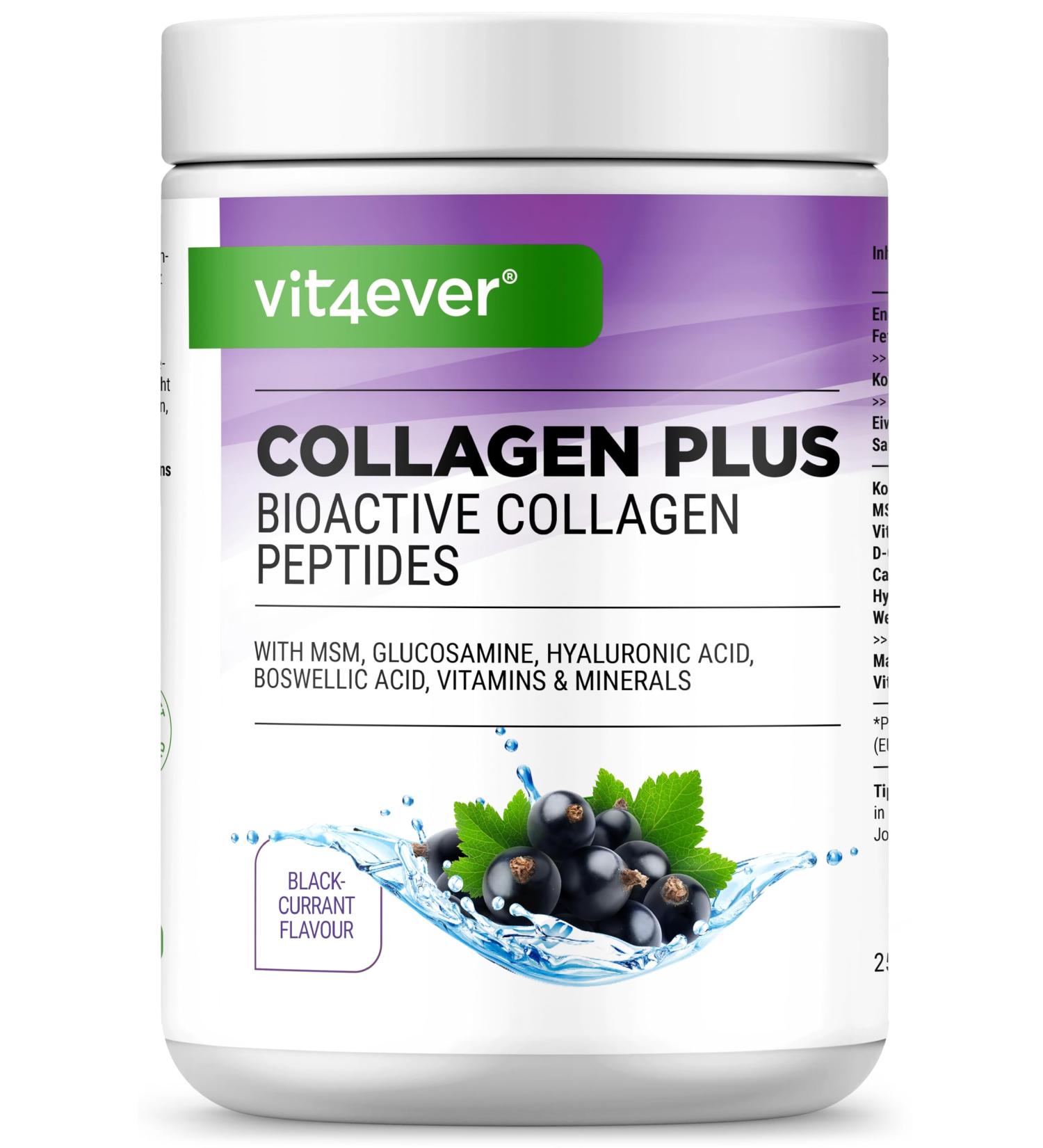  Vit4ever Collagen Plus - 500g powder with MSM glucosamine HCL hyaluronic acid incense extract - 100% hydrolyzed bioactive collagen peptides - collagen type 1 2 & 3 - blackcurrant taste - Buy Online on GoSupps.com