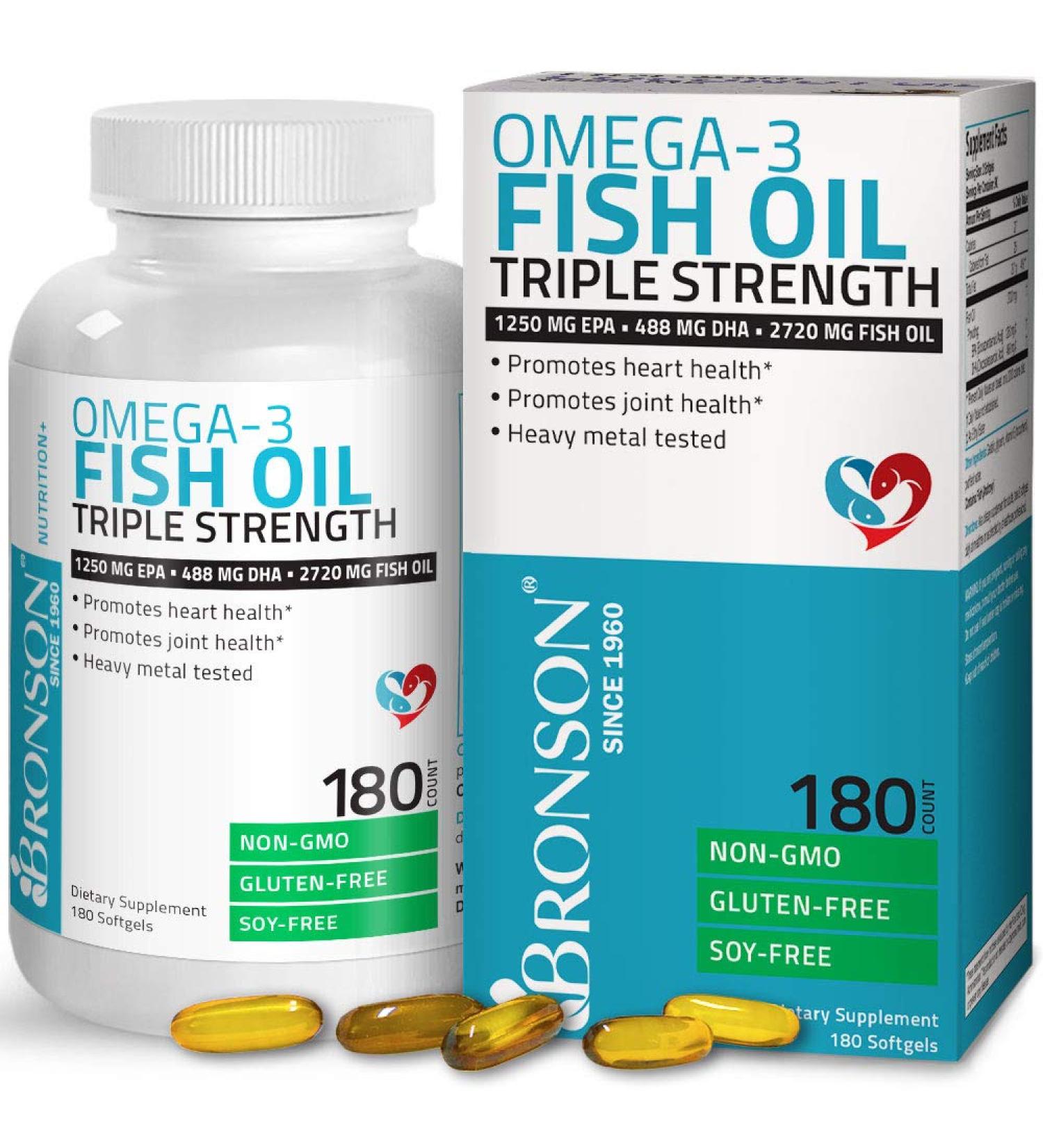 Bronson Omega-3 Fish Oil Triple Strength 2720mg High EPA 1250mg DHA 488mg Non-GMO Heavy Metal Tested - 180 Softgels - Buy Online on GoSupps.com