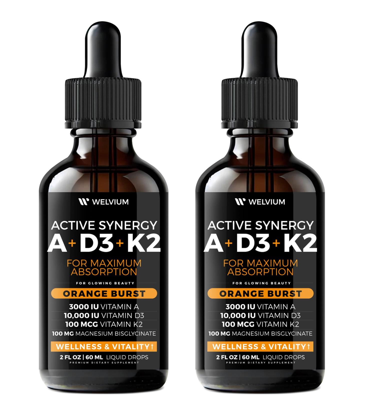 WELVIUM Liquid Vitamin D3 K2 Magnesium Liposomal Drops with 10000 IU Cholecalciferol MK7 Vitamin A Calcium MCT Oil Organic Sunflower Lecithin for Immune Bone Skin ADK Supplement - 2 Pack - Buy Online on GoSupps.com