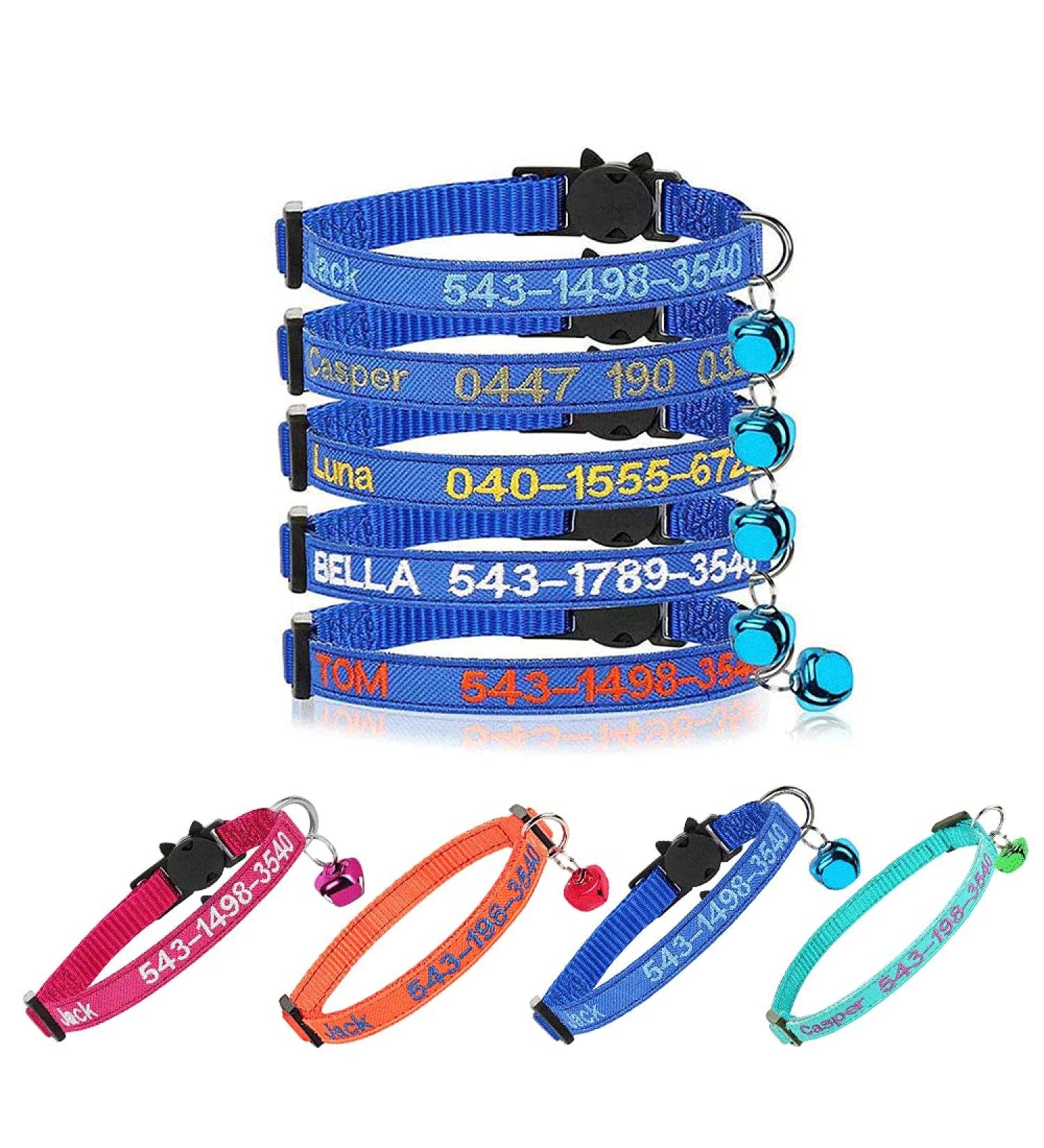 Personalized Cat Neck Bands with Bell - Custom Safety Buckle & Embroidered ID Name (Blue) | International Shipping Available - Buy Online on GoSupps.com