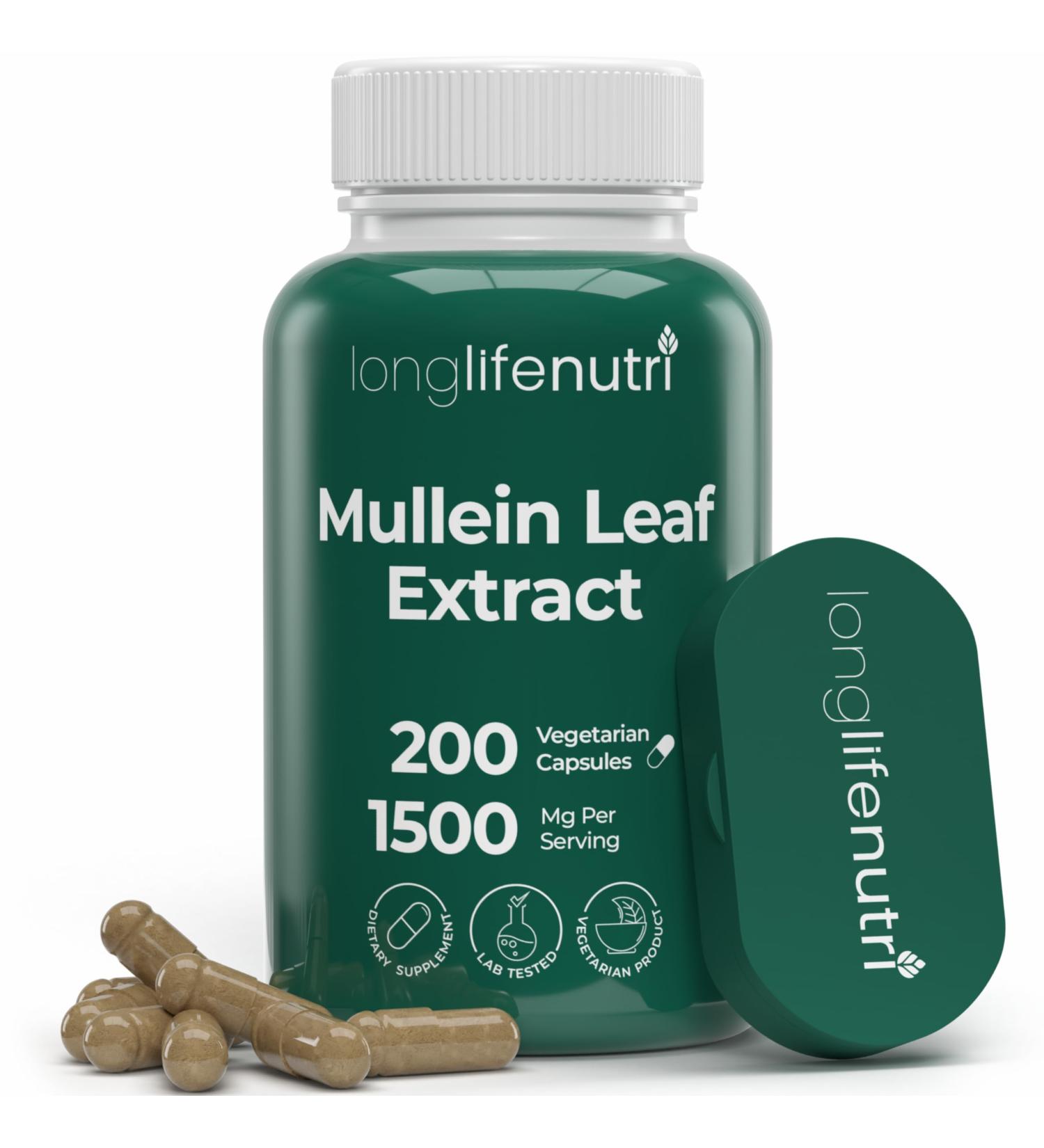LongLifeNutri Mullein Leaf 1500mg 10:1 Extract - 200 Vegetarian Capsules from Organic Mullein Leaf Powder Herbal Supplement for Respiratory Care 2-Month Supply Non-GMO GMP Certified Made in USA - Buy Online on GoSupps.com