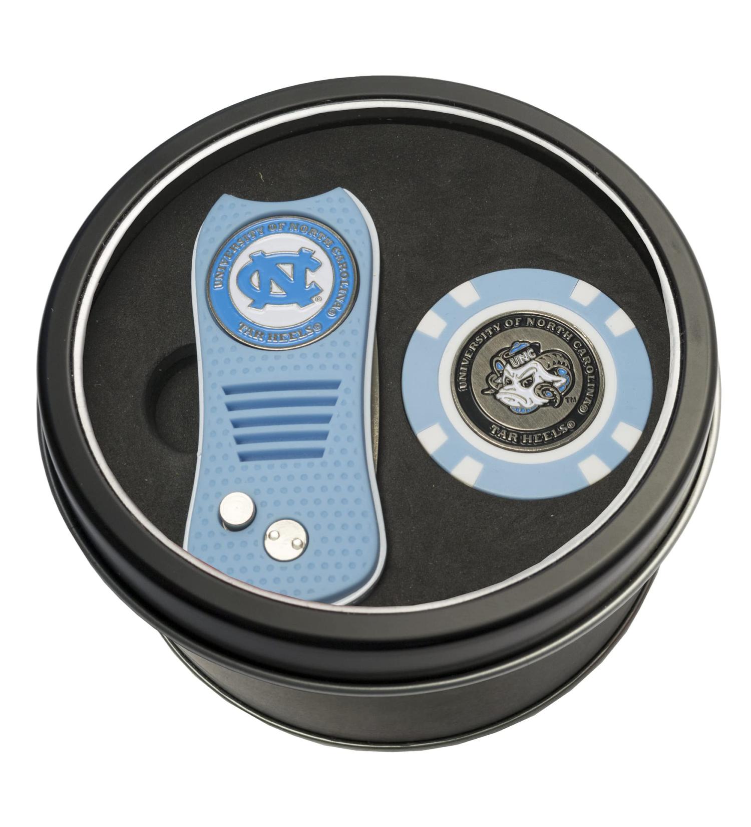 Team Golf NCAA North Carolina Tar Heels Gift Set Switchblade Divot Tool & Chip, Includes 2 Double-Sided Enamel Ball Markers, Patented Design, Less Damage to Greens, Switchblade Mechanism